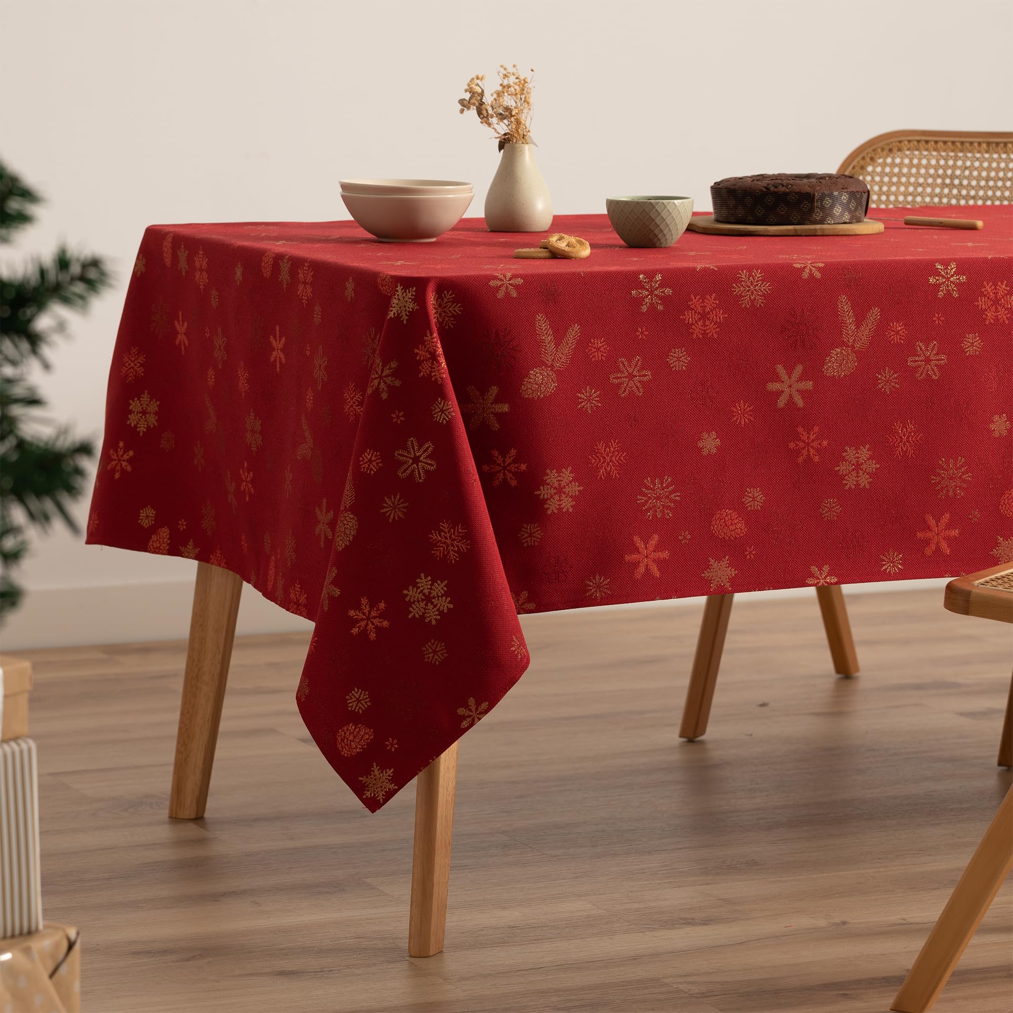 GAMUSI Mantel Navidad Jacquard Hilo Dorado Mesa Comedor Rectangular Decoración Navideña 140x200 cm Color Rojo