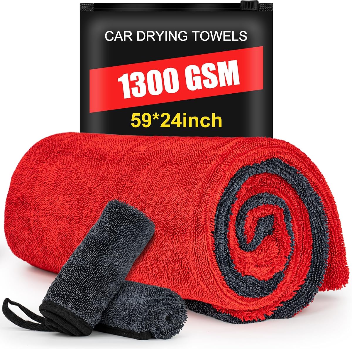 ThinkLearn Car Drying Towel 59"x24" 1300 GSM Ultra Absorbent Microfiber 3PC | Twisted-Loop, Extra Large, Lint Free Surface, Scratch & Streak-Free, Soft On Paint, Machine Washable, for Cars Trucks SUVs