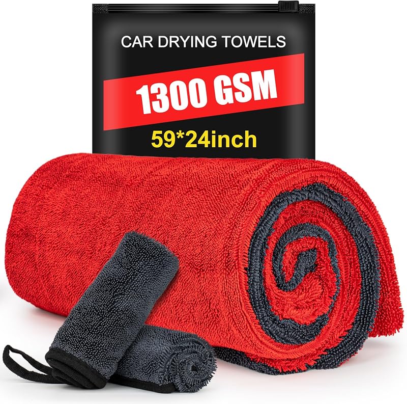 ThinkLearn Car Drying Towel 59"x24" 1300 GSM Ultra Absorbent Microfiber 3PC | Twisted-Loop, Extra Large, Lint Free Surface, Scratch & Streak-Free, Soft On Paint, Machine Washable, for Cars Trucks SUVs