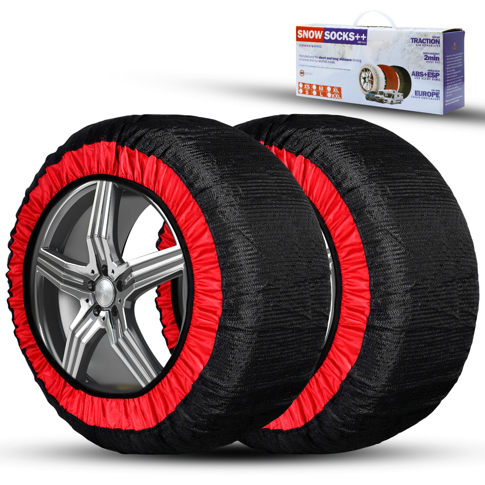 CCLIFE Schneesocken Auto 2er Set Textil-Schneeketten Geeignet für PKW, Kleinwagen und leichte SUV, Reifengrößen R13 bis R22