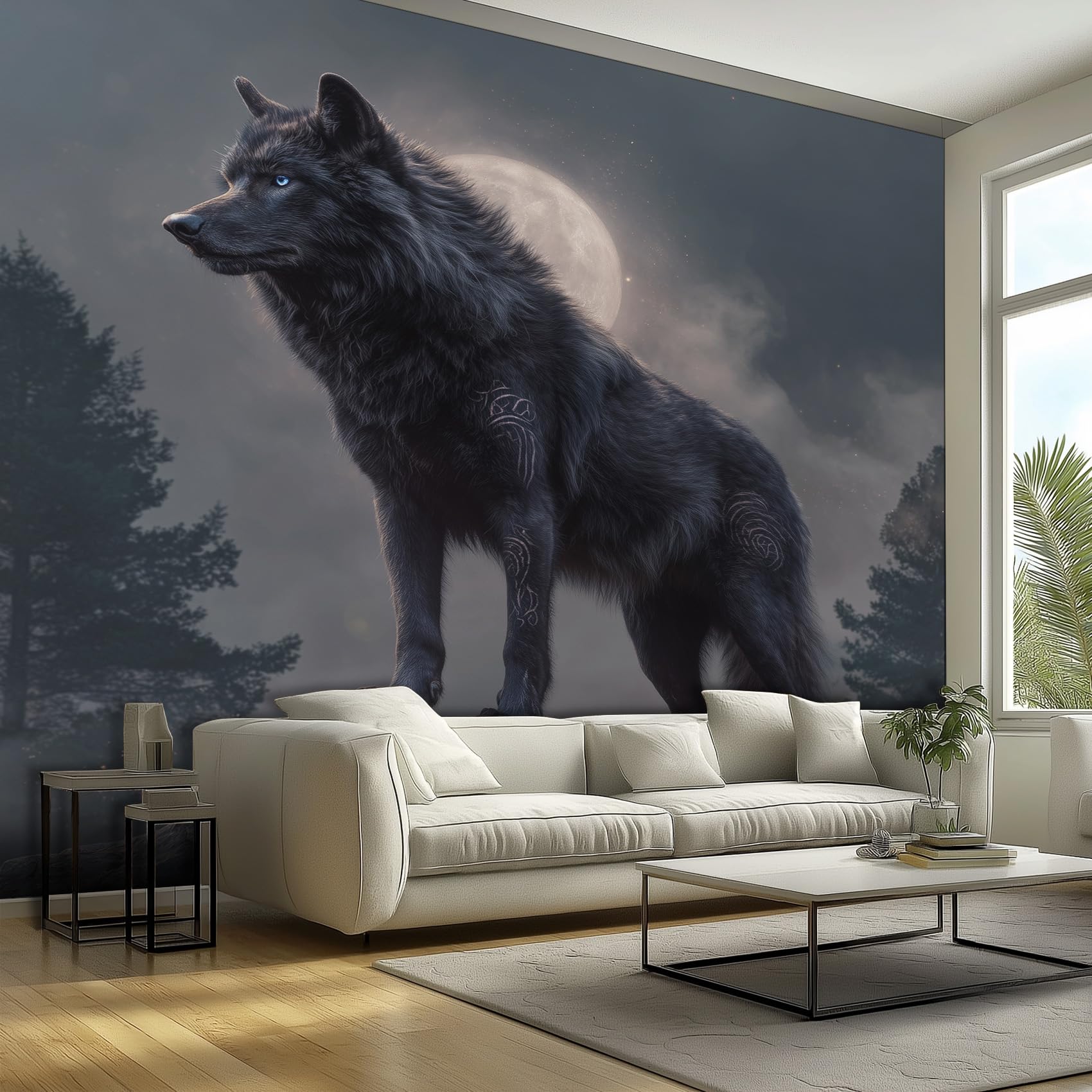 3D Wolf Wallpaper, Rustic Animal Moon Wallpaper for Living Room, Bedroom, Non-Woven Decor Wall Paper, Photo Mural Dining Room, Hallway, Lounge, 250 x 175 cm JKL76