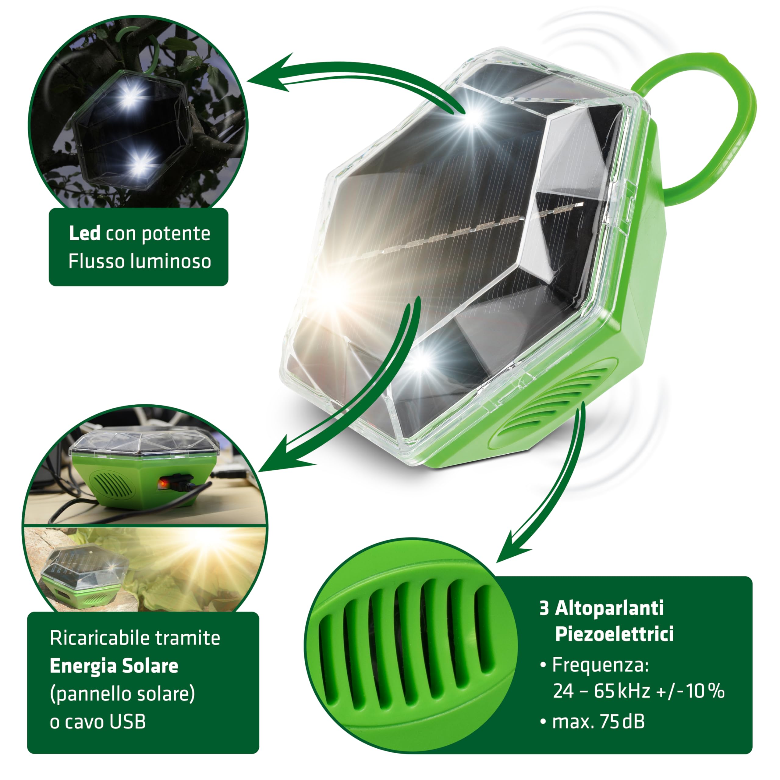 Gardigo® Dissuasore per Piccioni, Ultrasuoni per Piccioni da Esterno | Luce Led | Protezione 360°, Raggio Azione ca.7 m | Anti Piccioni | Spaventa Uccelli | Scaccia Piccioni da Balcone, Alberi