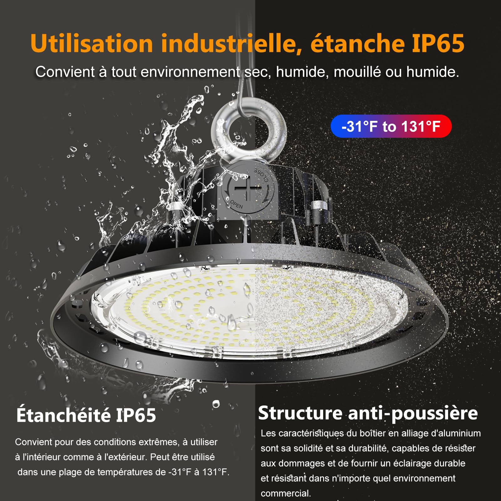 4 pack UFO 100W LED High Bay Projecteur Garage Light 17000LM LED Éclairage pour Atelier Dimmable 60W/80W/100W Éclairage Lampe Industrielle IP65 Étanche Plafond 120° pour Atelier Entrepôt
