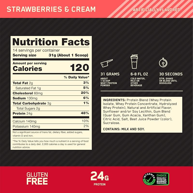 Optimum Nutrition Gold Standard Whey Protein, Strawberries & Cream, 1 LB | 24g of 100% Whey Protein Powder Per Serving, with BCAAs, Gluten Free, Banned Substance Tested, Easy Mixing, Muscle Support image 3