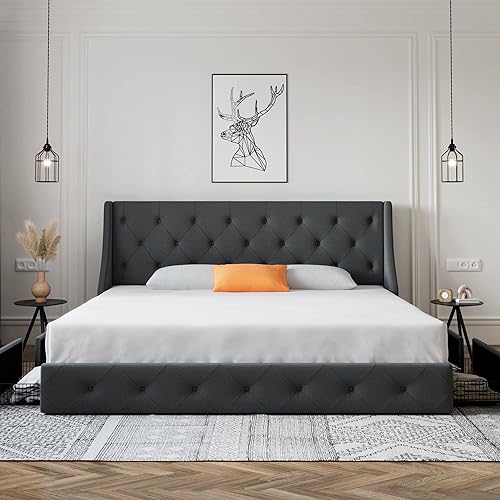 Miniatura 19 de SHA CERLIN Marco de cama tapizado de tamaño matrimonial con 4 cajones de almacenamiento y cabecera con respaldo de ala, diseño capitonado de botón