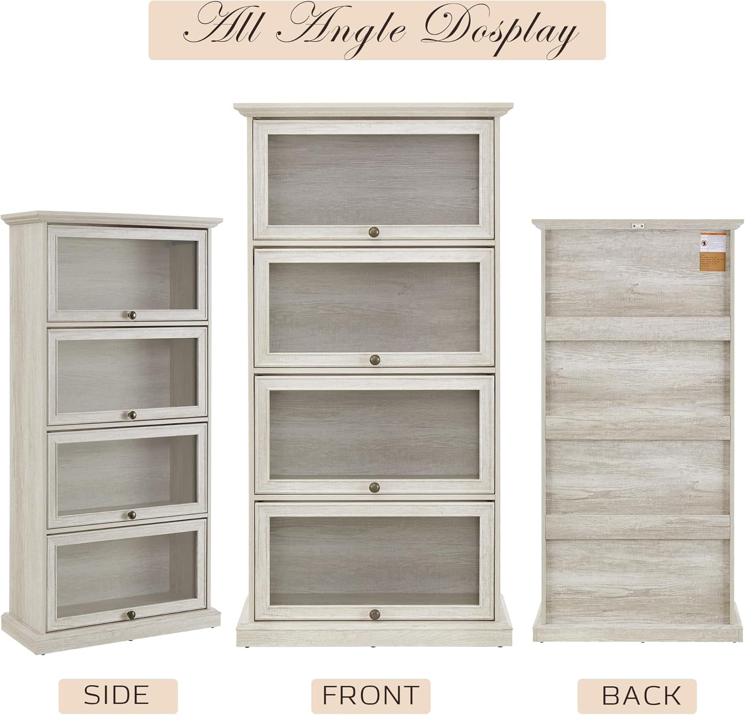 63" Tall Behind The Door Bookshelf with Flip up Glass Doors, Farmhouse Barrister Bookcase with Shelves, Antique Display Curio Cabinet for Collectibles, Office, Living Room (White)