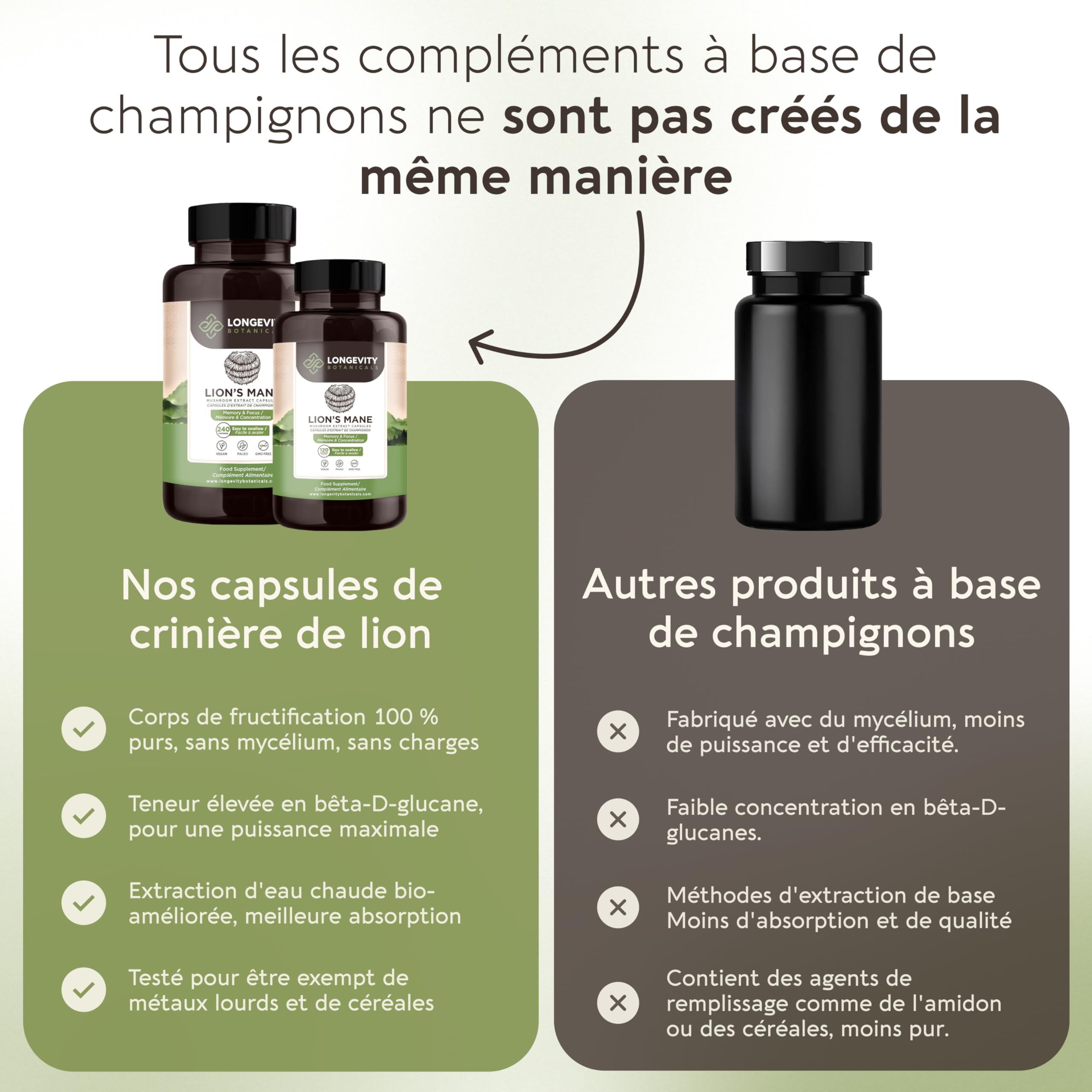 Gélules Crinière de Lion (Lion’s Mane) x120 | Extrait Puissant 8:1 de Champignon Corps Fructifère Pur | 20% Bêta-D Glucanes | Équivalent Brut 7200mg par Portion | Soutien Mémoire Intestin & Cerveau