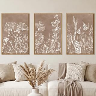 Aurlan Vintage Brown Neutral Floral Framed Canvas Wall Art Set-16"x24"x3