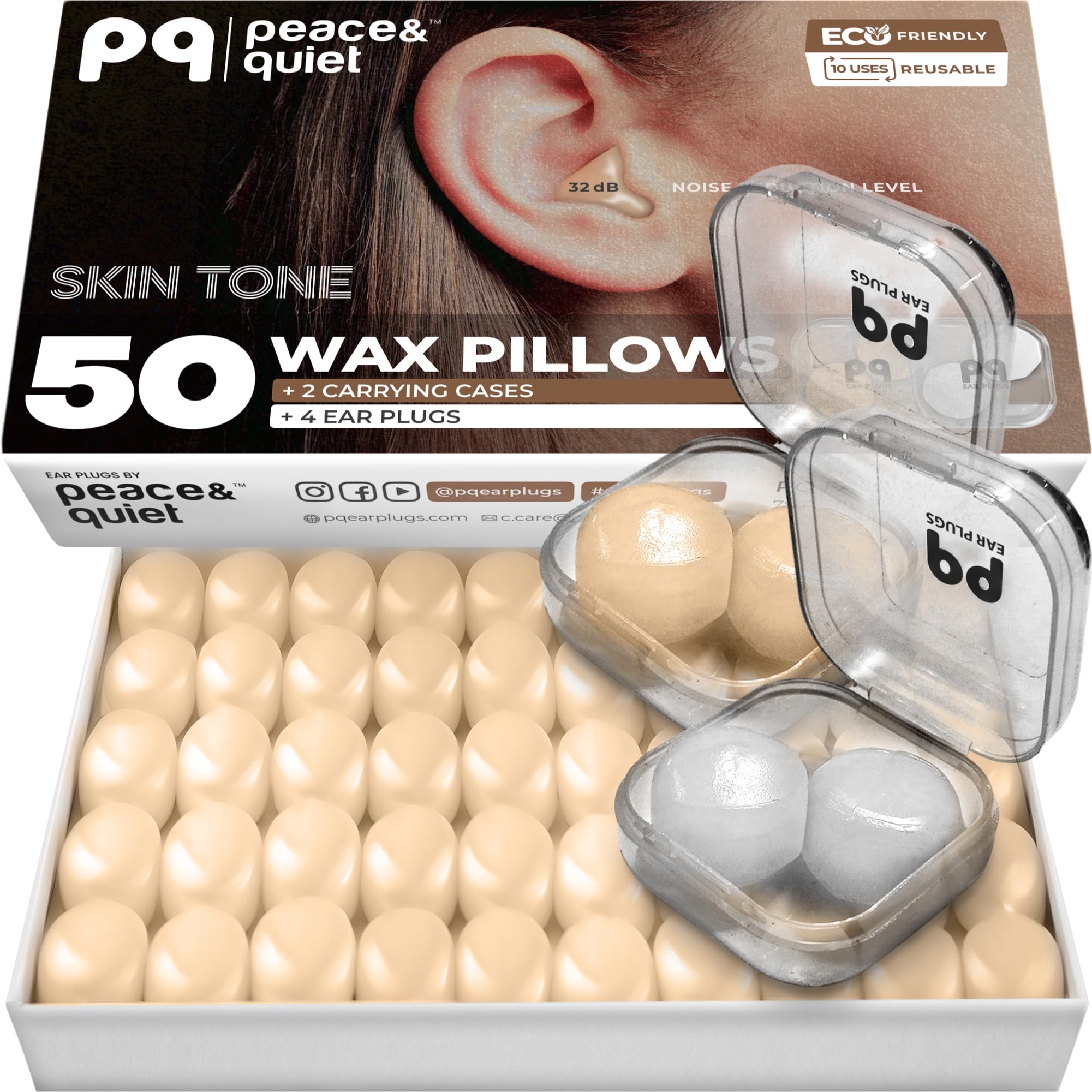 PQ Silicone Ear Plugs for Sleeping - 50 Silicone Earplugs for Sleeping and Swimming - Noise Cancelling and Ear Protection with Gel Earplugs - Sound Insulation Level 32 dB Sleep Earplugs, 50 Pillows