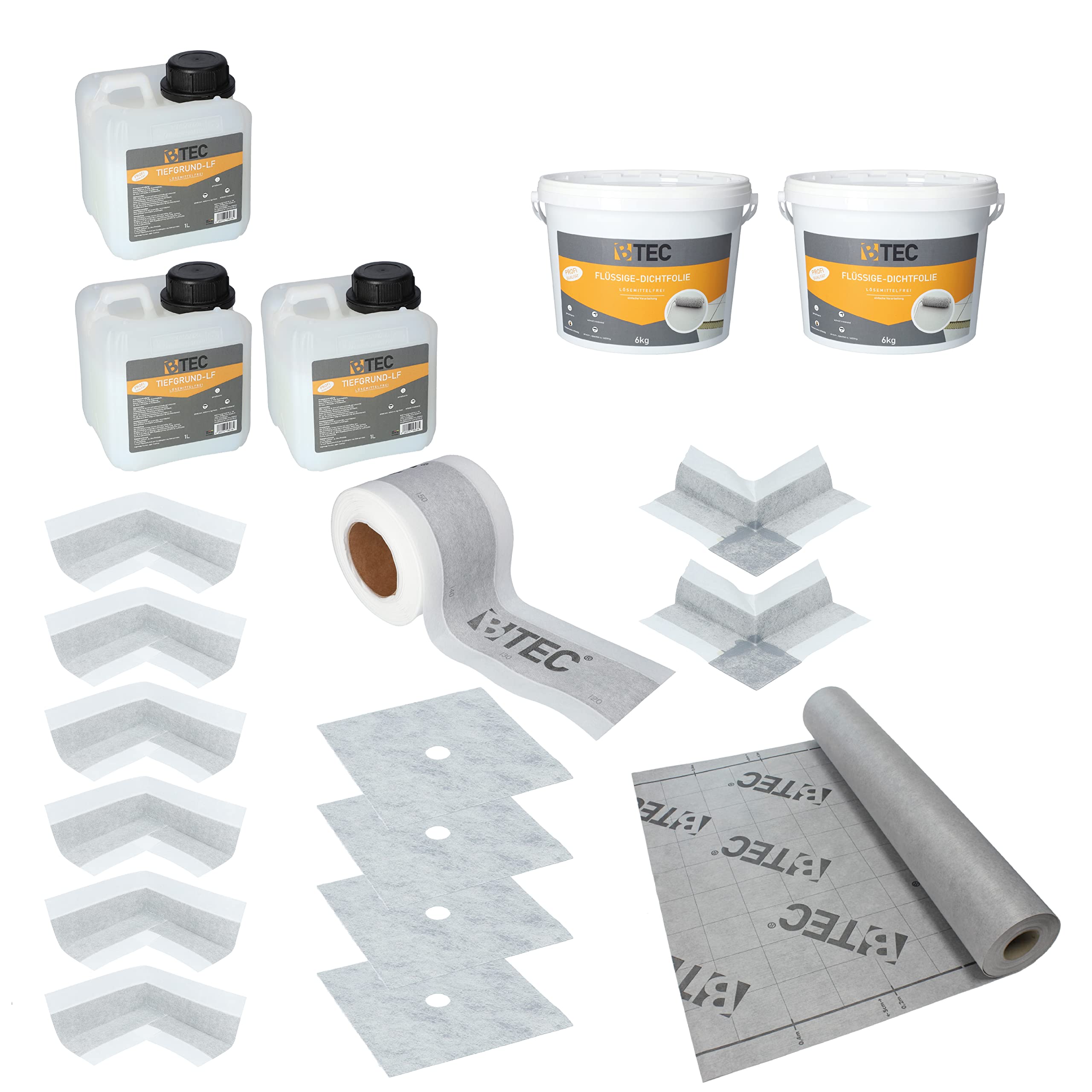BTEC Dicht-Set 5C Dichtmaterial Innen-/Außenecken Manschetten | 15m² Abdichtungsbahn 12kg Flüssigdichtfolie 20m Dichtband kleines Bad Standard Verbundabdichtung Innenbereich