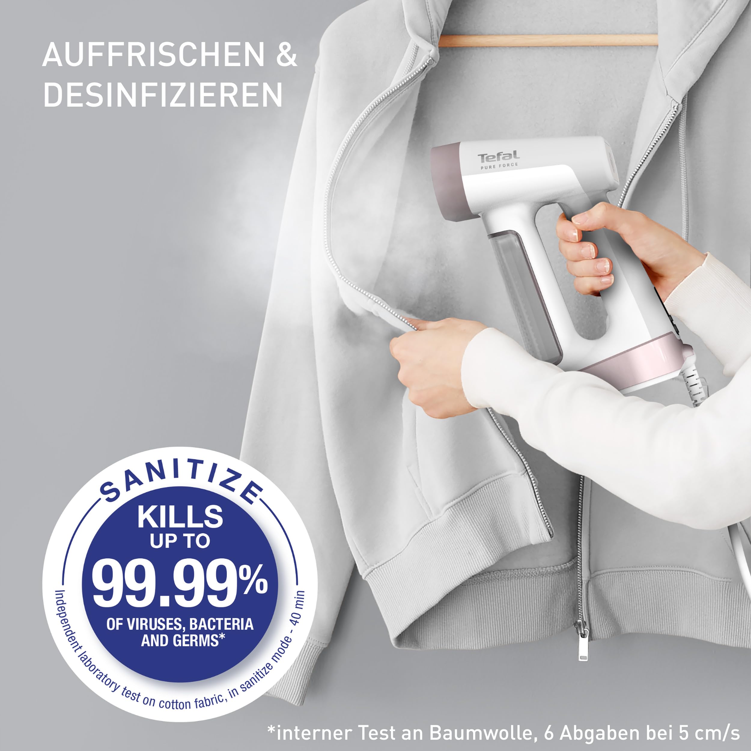 Tefal Pure Force 2-in-1 Dampfbürste, vertikal Dampfen, horizontal Bügeln, 12 Min. ununterbrochenen Dampf, 4 Stufen, Boost-Funktion, beseitigt 99,99 Prozent der Bakterien, 25 Sek. Aufheizzeit, DT8720E0