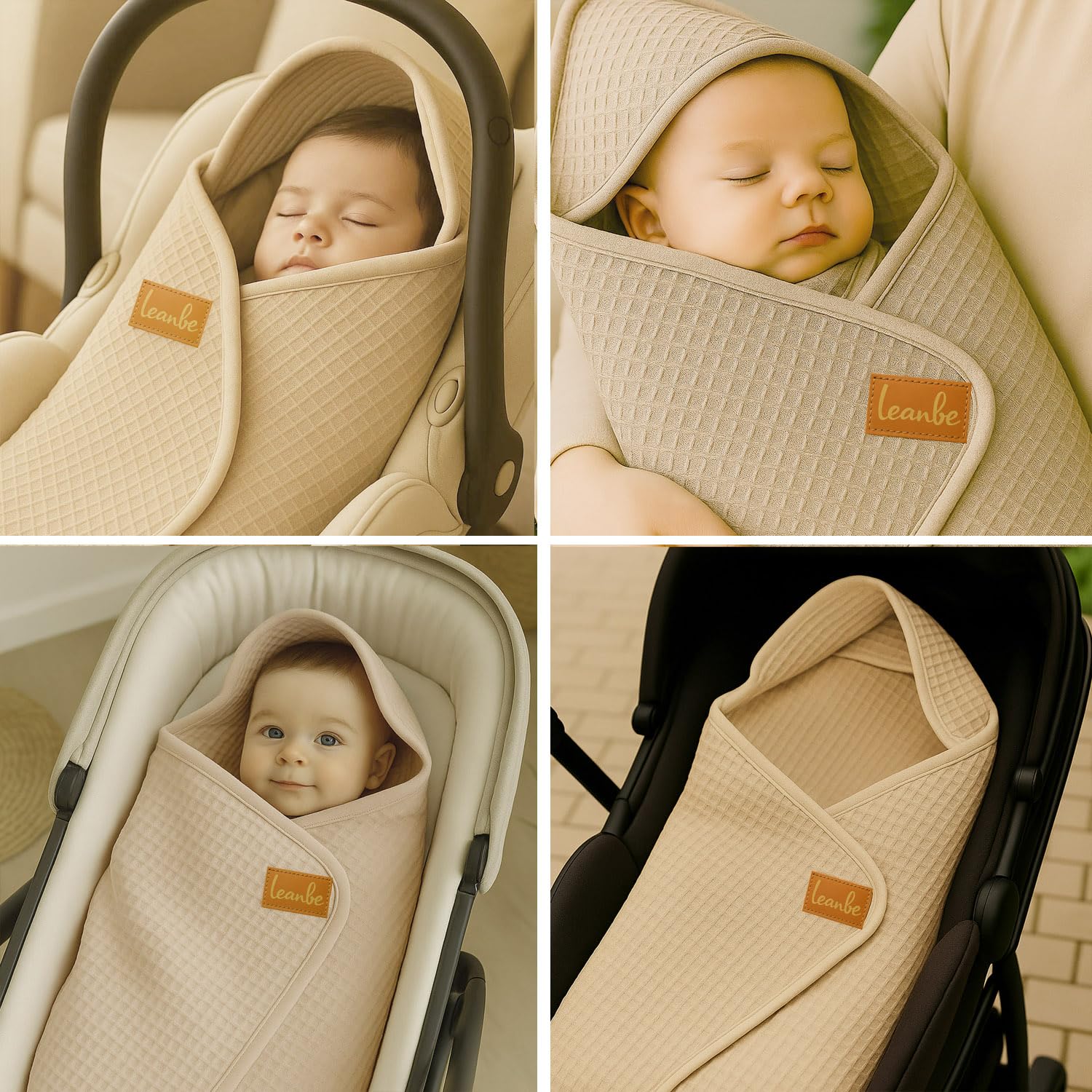 Einschlagdecke aus Waffelstoff für den Sommer 100% Baumwolle Babydecke für Autositz Kuscheldecke Kinderwagedecke Für Kinderwagen Buggys 3 Punkt Gurt (Beige)