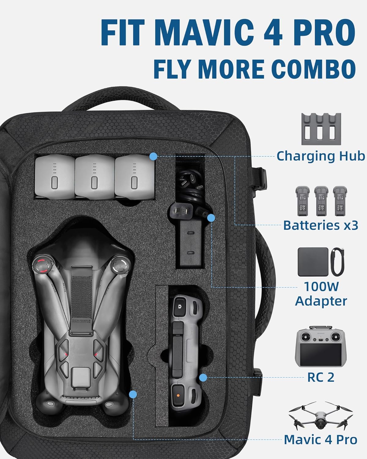Mavic 4 Pro Case, Expandable Carry On Bag for DJI Mavic 4 Pro, RC Pro 2, RC 2, Large Capacity Drone Backpack Fits 17.3 Inch Laptop, Travel Drone Carrying Case for DJI Fly More Creator Combo - Image 3