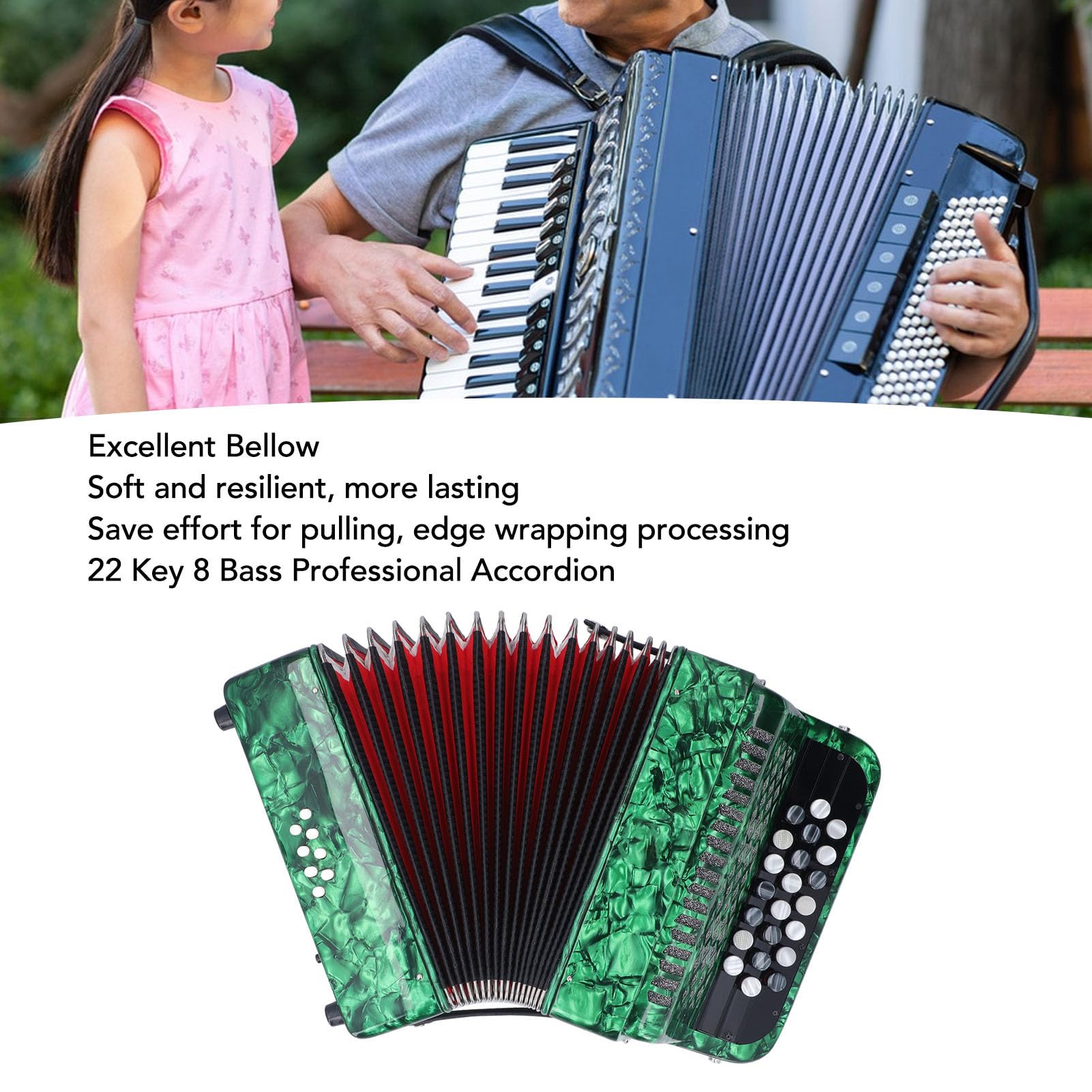 Fisarmonica 22 tasti 8 bassi, strumento musicale professionale per fisarmonica con bottoni sensibili allo scivolamento con tracolla per spettacoli professionali ed esami formali (Green)