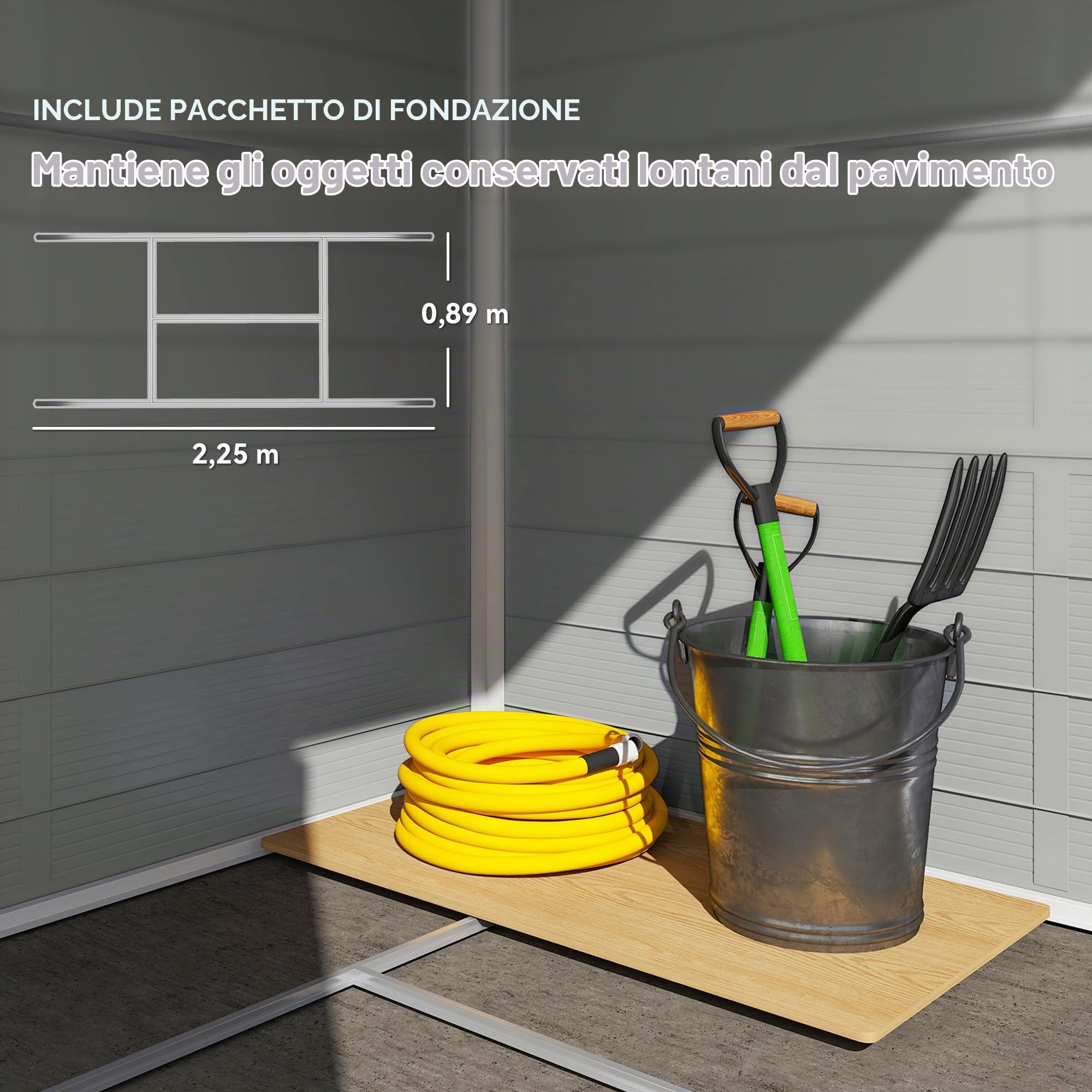 Outsunny Casetta per attrezzi 4,1 m² in plastica, tetto spiovente, porta con serratura, ventilazione, finestra apribile e fondazione, 240 x 190 x 228 cm