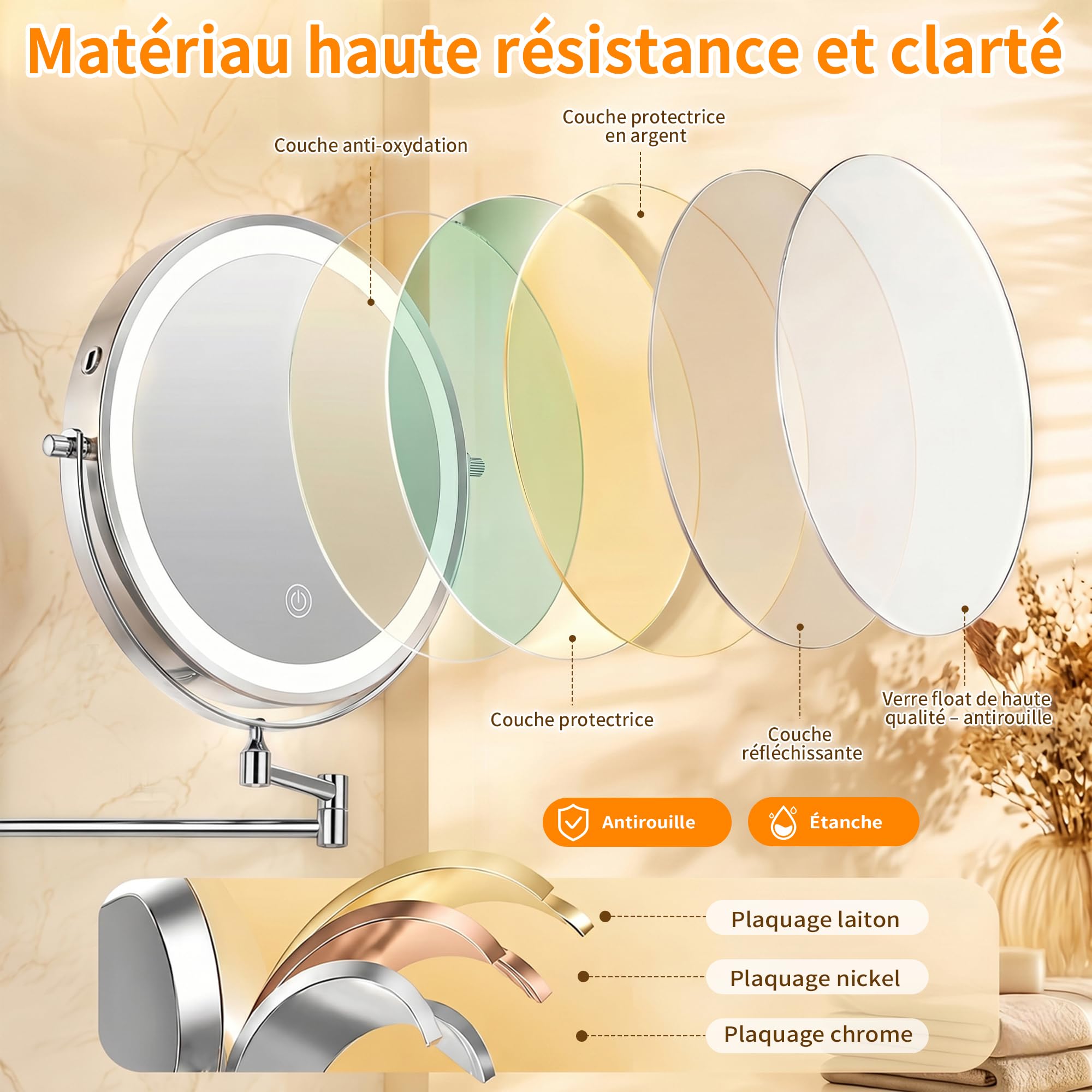 ICARE Miroir Grossissant Mural 30X/1X – 8 inch Miroir Grossissant Lumineux Mural – 3 Températures de Couleur Ventouse – Rotation 360° – Batterie Rechargeable 4000mAh – Idéal Salle de Bain, Maquillage