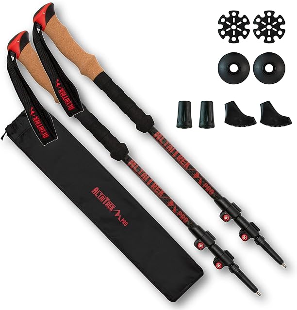 ALTAITREK PRO Telescopic carbon fiber trekking poles with quick locking system, ultralight for hiking, mountain, camping. Natural cork handle. Sticks. Baton. Pair