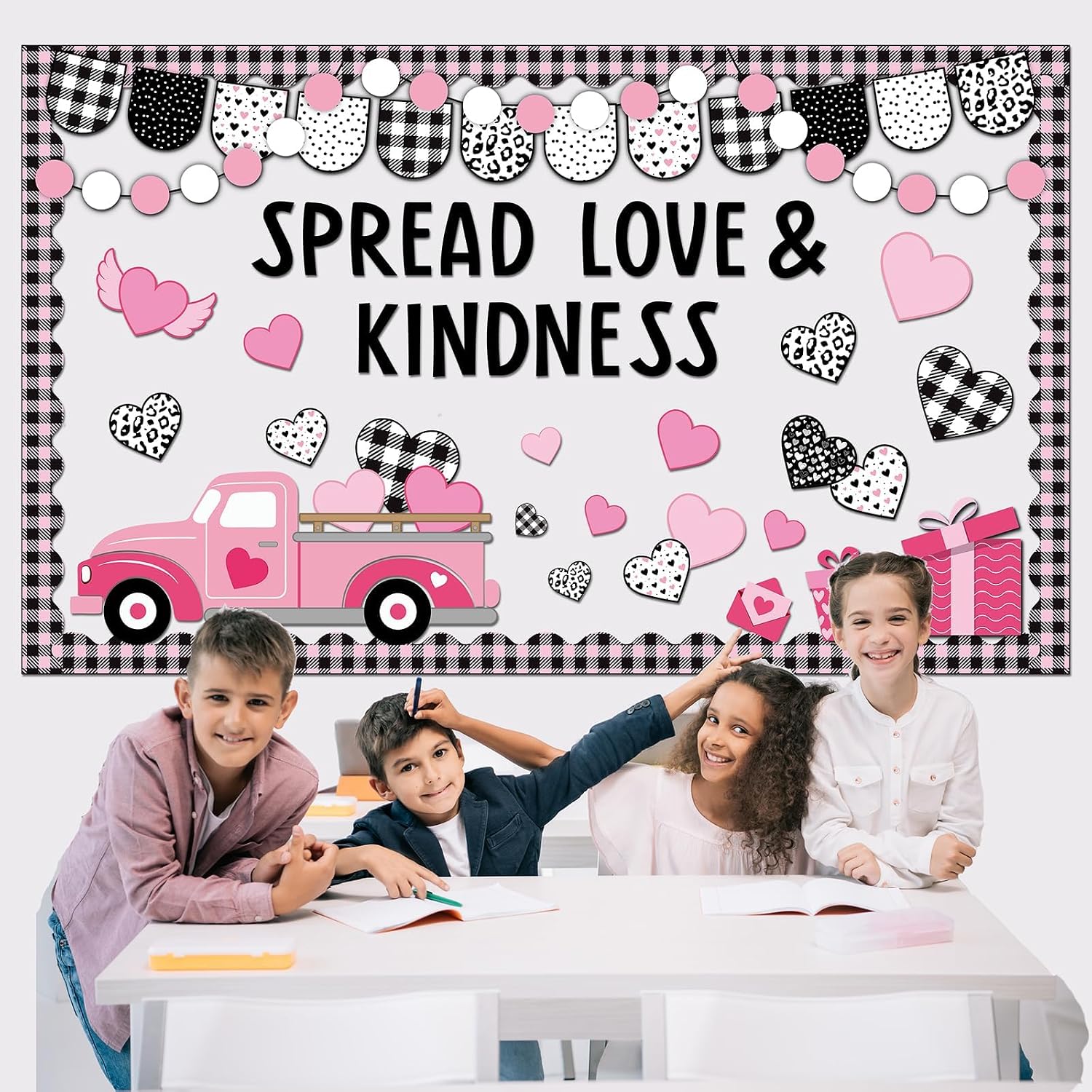 180Pcs Valentines Bulletin Board Classroom Decorations Valentine's Day Truck Lovely Heart Bulletin Board Buffalo Plaid Spread Love Kindness Cutouts for Home School Valentines Party Supplies