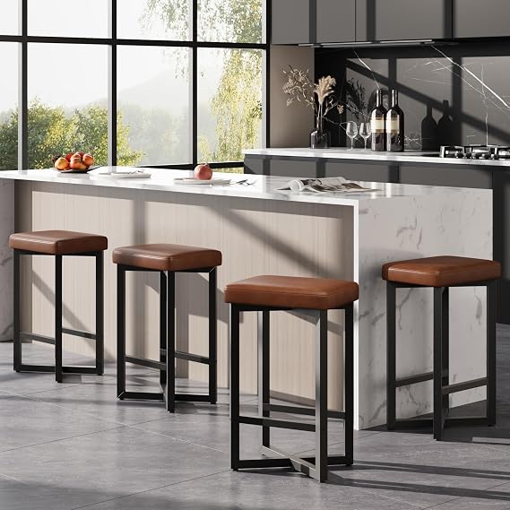IDEALHOUSE Bar Stools Set of 4, 24.6 Counter Height Backless Barstools, Upholstered PU Leather Seats with Metal X-Frame & Footrest, Modern Kitchen Stools for Home Bar, Dining Room, Brown