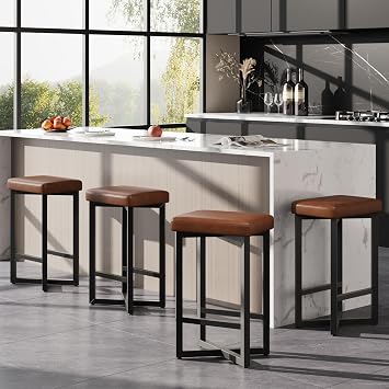IDEALHOUSE Bar Stools Set of 4, 24.6 Counter Height Backless Barstools, Upholstered PU Leather Seats with Metal X-Frame & Footrest, Modern Kitchen Stools for Home Bar, Dining Room, Brown