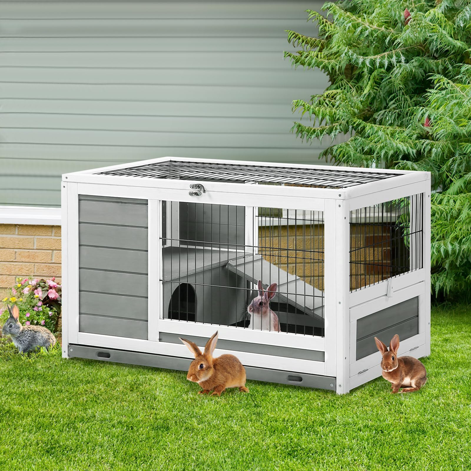 YODOLLA Cage Lapin Exterieur&Intérieur,Clapier Lapin avec Toit ouvrant,Gris | Cage en Bois,Clapier en Bois,90x50x55cm,Clapier à Lapin,Plateau Amovible et Rampe