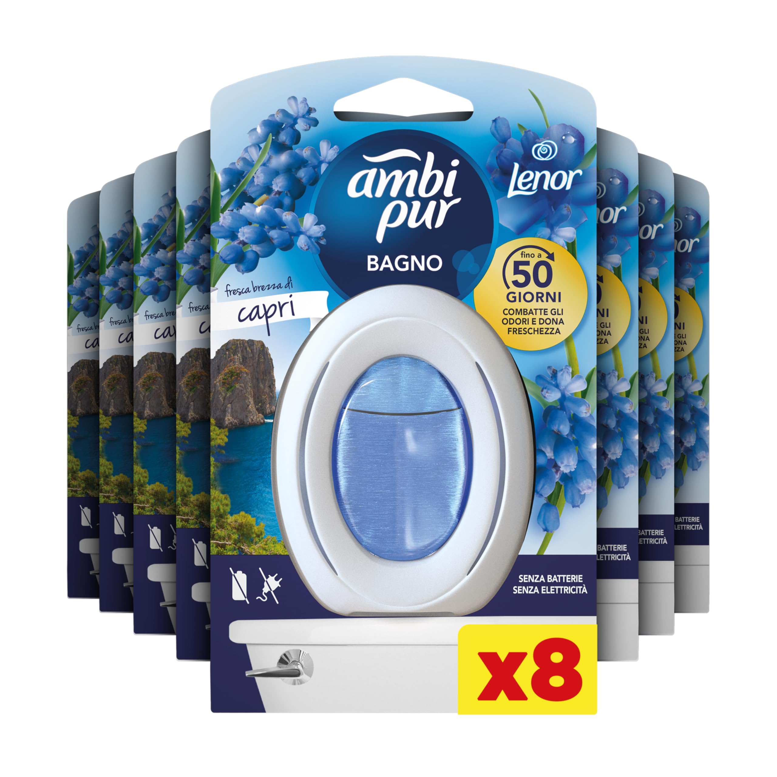 Ambi Pur Ambientador de baño, 8 piezas Brisa di Capri. | Difusor de ambiente con tecnología elimina olores, duración hasta 50 días