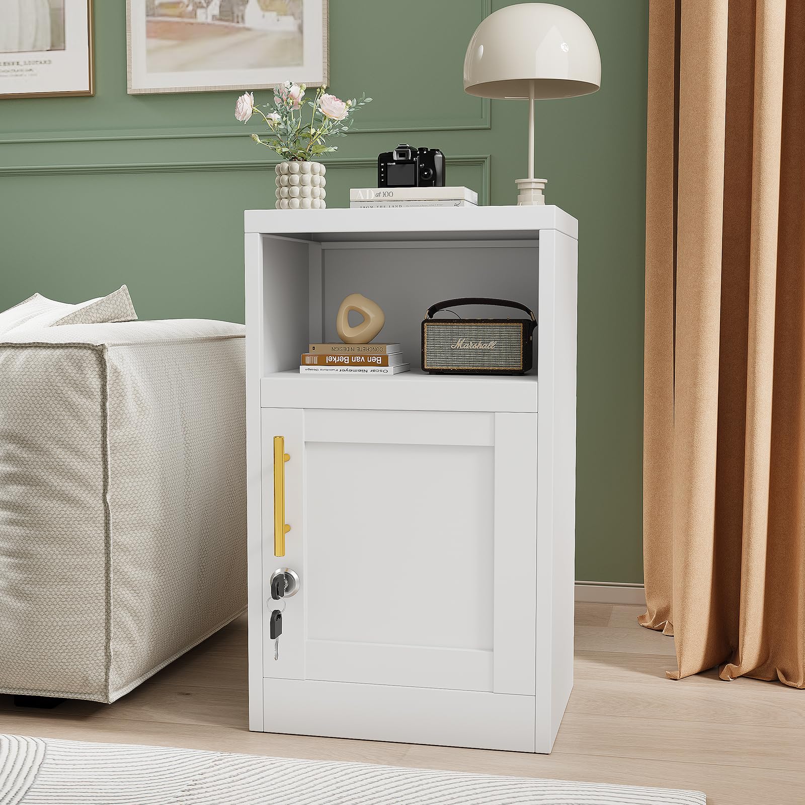 AUEYTVR Metal White Nightstand with Lock, File Cabinet with Shelves Storage Cabinet,28" Modern Side Table with Door and Open Shelf, Bedside End Table