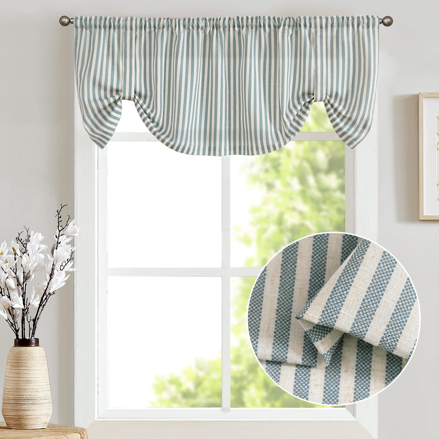 jinchan Tie Up Linen Textured Striped Bow Tie Curtain for Kitchen Bathroom Rod Pocket Pinstripe Valance Window Treatments Ticking Stripe Pull Cord Valance 1 Panel 18 Inch Teal Blue on Linen 50"W x 18"L (Pack of 1) Boxter Stripe | Blue on Linen