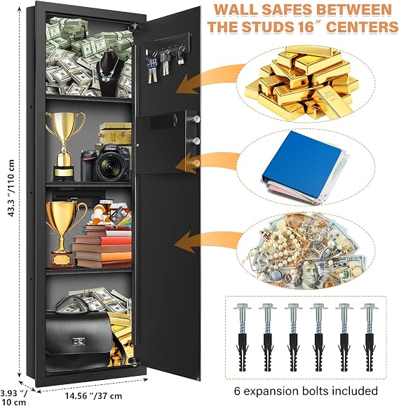 43.3 Tall Fireproof Wall Safes Between the Studs 16 Centers, Electronic Hidden Safe with Removable Shelf, Fireproof in Wall Safe for Money Jewelry Passport