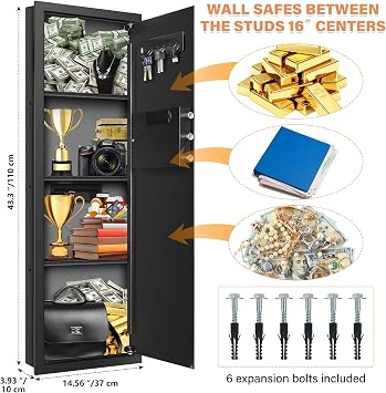 43.3 Tall Fireproof Wall Safes Between the Studs 16 Centers, Electronic Hidden Safe with Removable Shelf, Fireproof in Wall Safe for Money Jewelry Passport