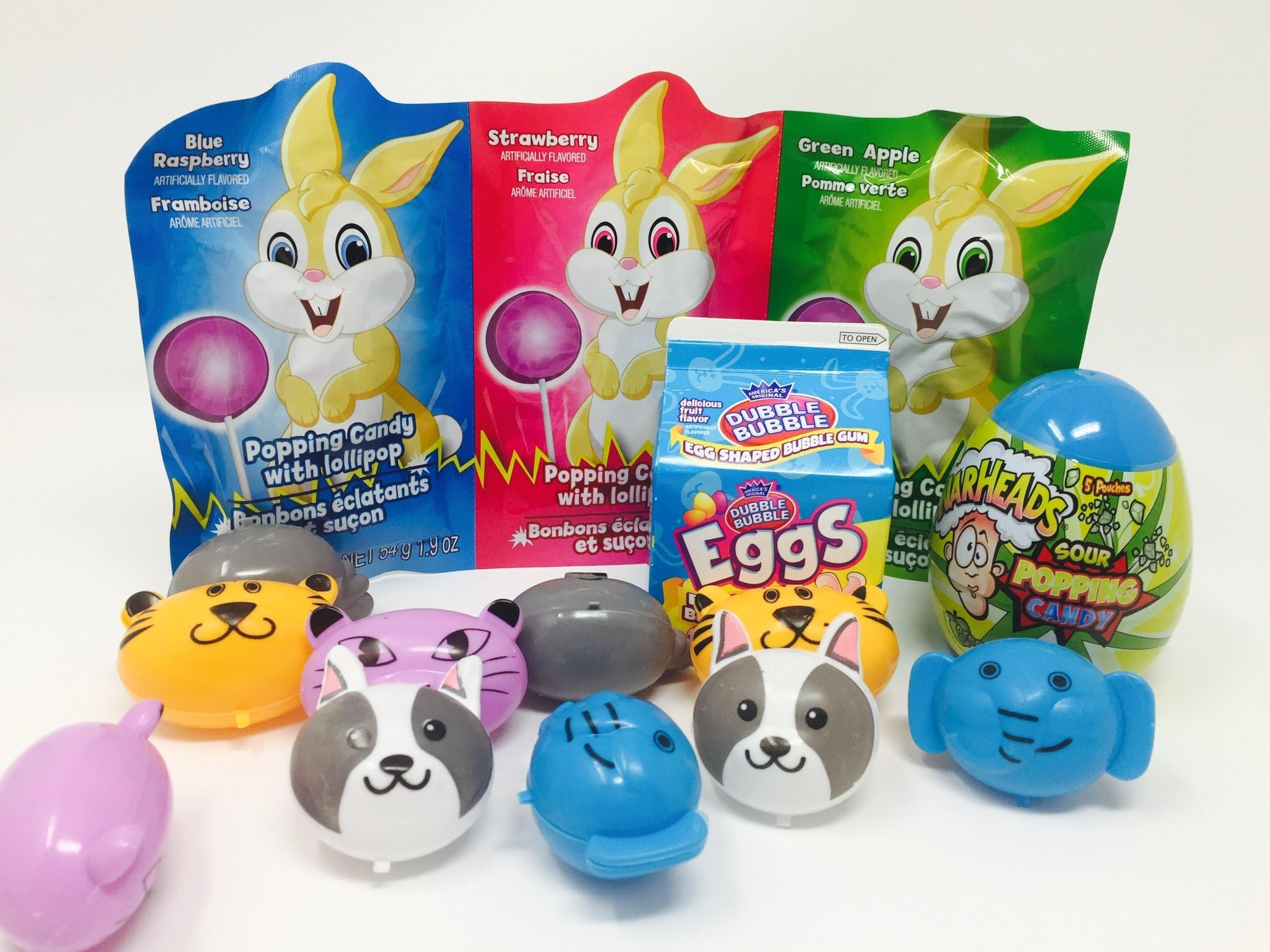 Animal Easter Egg Basket Filler Bundle - 4 Items with 10 pack of Eggs, Warheads, Bubble Gum and Popping Candy Set