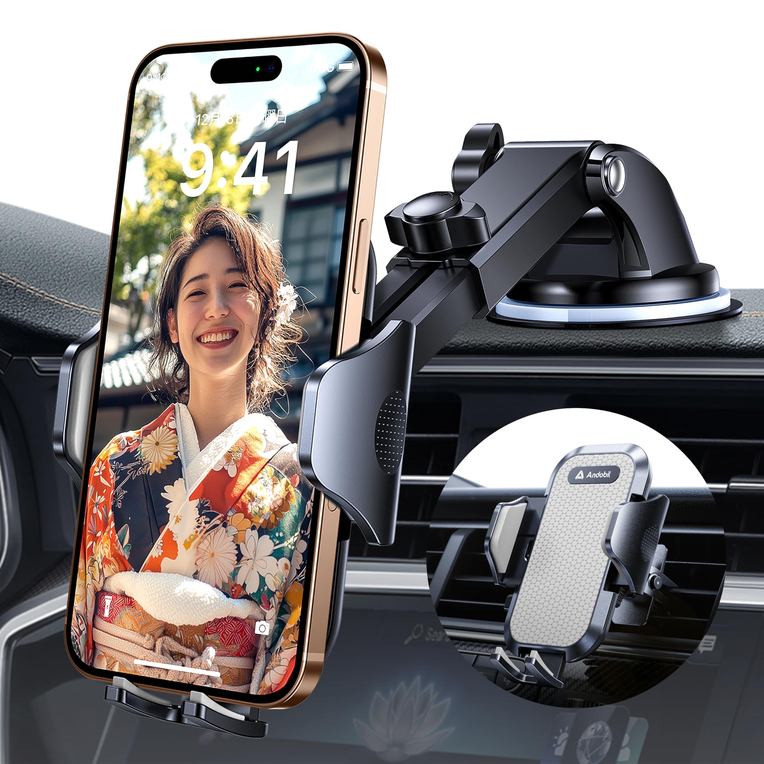 【2026年進化】Andobil スマホホルダー 車 改良型粘着ゲル吸盤＆新開発クリップ 2in1 【安定性アップ】一体式伸縮アーム搭載 全車種対応