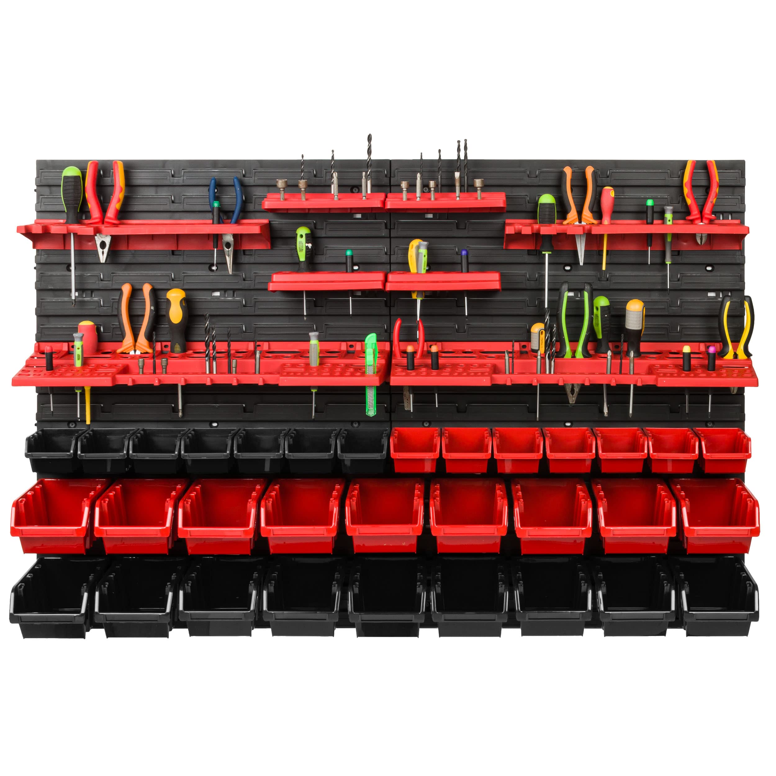 Scaffale da officina, 115 x 78 cm, 32 pezzi, con supporti per attrezzi e scatole impilabili, pannelli da parete, scaffali extra resistenti, per merci, garage, scaffali