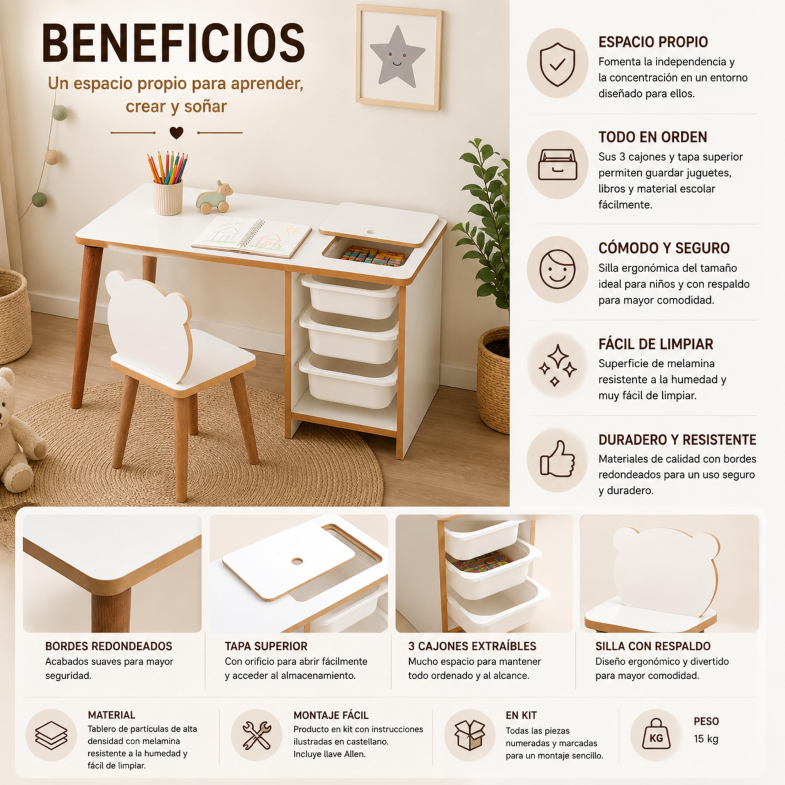 Escritorio Infantil con Silla y Cajones, Pupitre Infantil con Guarda Objetos, Mesa de Juegos para Niños, Muebles para Niños Color Blanco y Madera de 90 x 42 x 51 cm. Soho