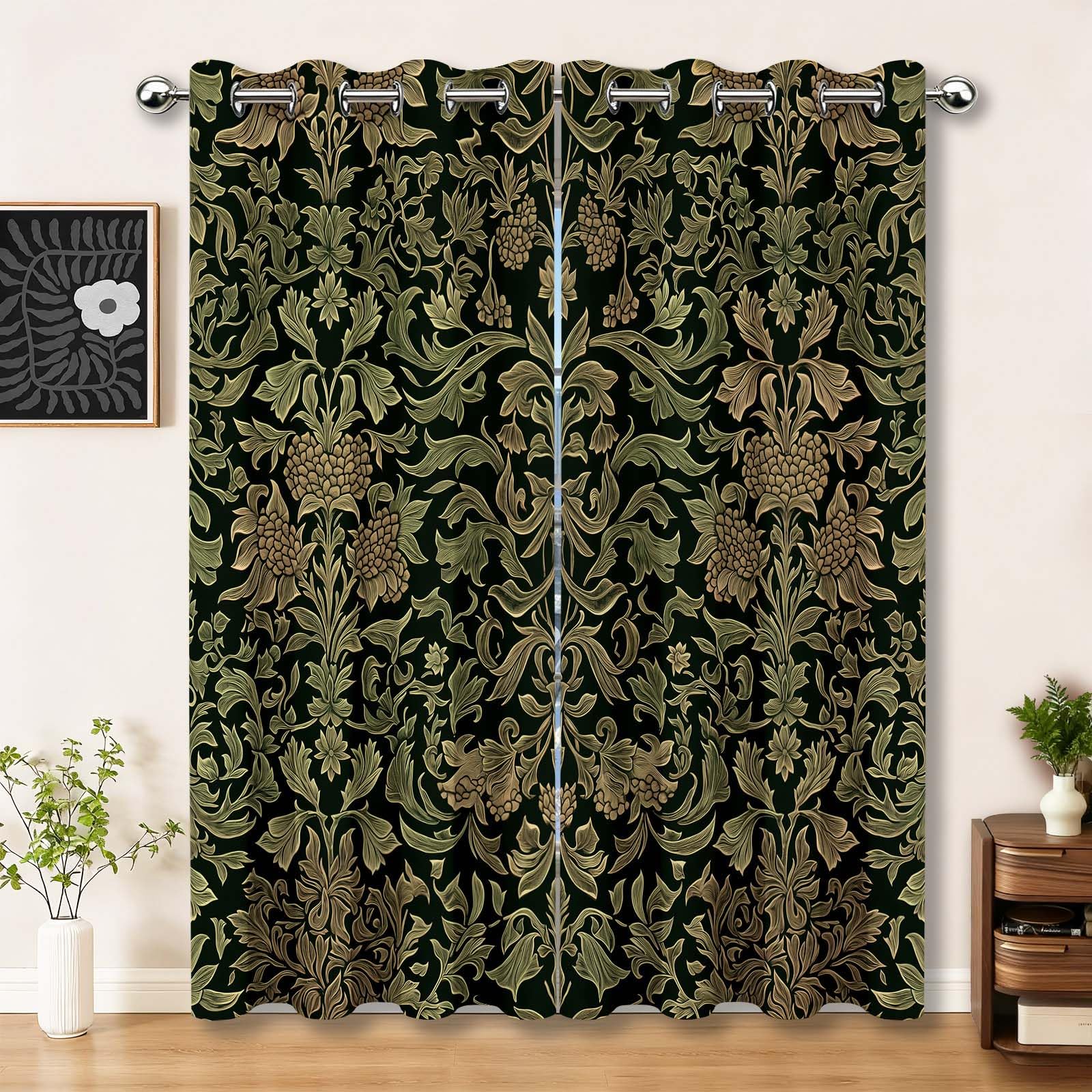 Blackout Curtain Traditional William Morris Plant Green Brown 46 x 72 Inch (2 Panels), Thermal Insulated Eyelet Curtains for Kids Adults, Printed Curtains for Bedroom Living Room Kitchen Office