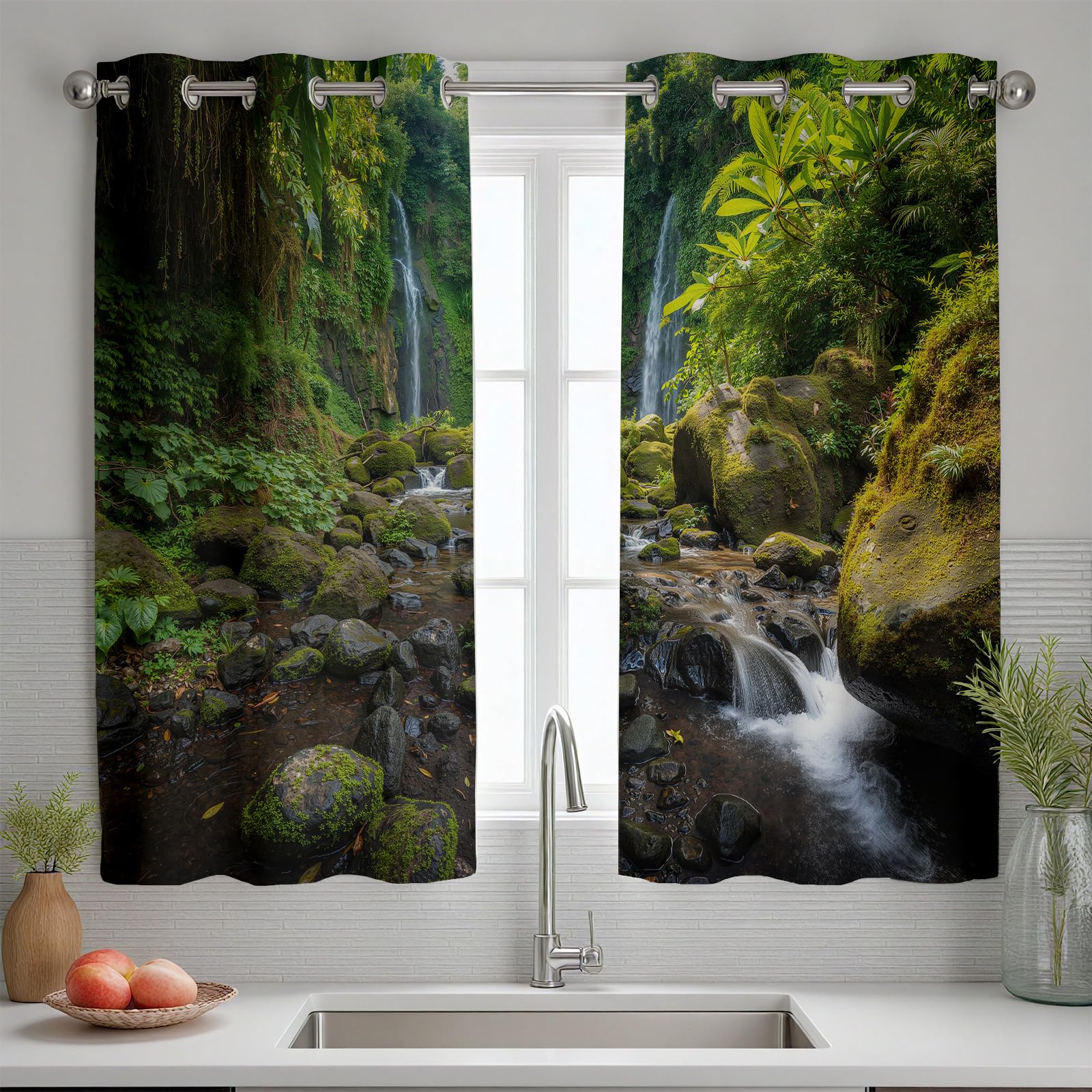 Wald Wasserfall Vorhange Blickdicht 2er Set, Tropisch Dschungel Panorama | Gardinen mit Ösen Natur Landschaft Verdunklungsvorhänge 175 cm Lang 70 Breit Thermovorhang Wohnzimmer Schlafzimmer