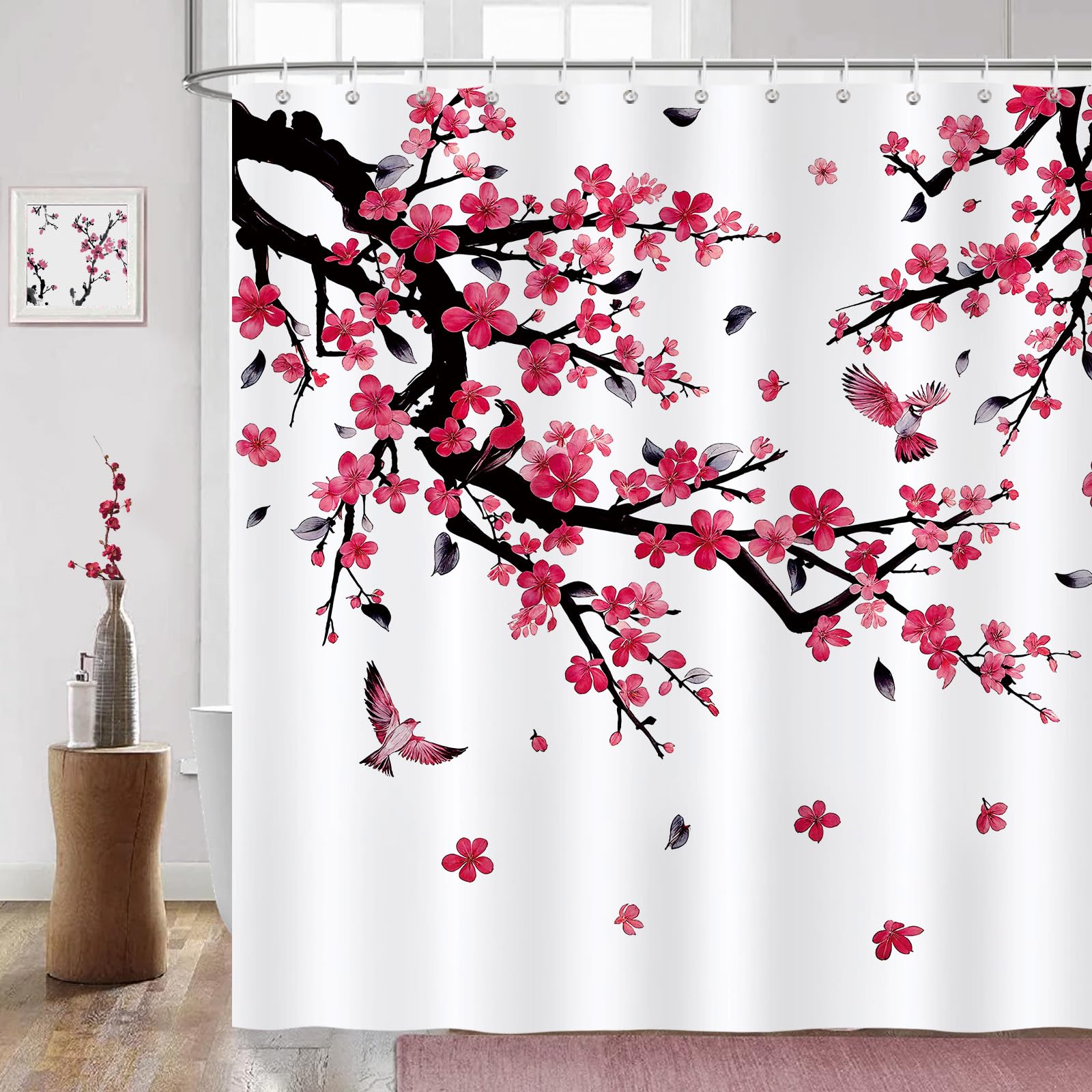 COZZSNUGE Red Cherry Blossom Shower Curtain, Spring Floral Japanese Sakura Plum Flower Birds Shower Curtain Waterproof Polyester for Bathroom with 12