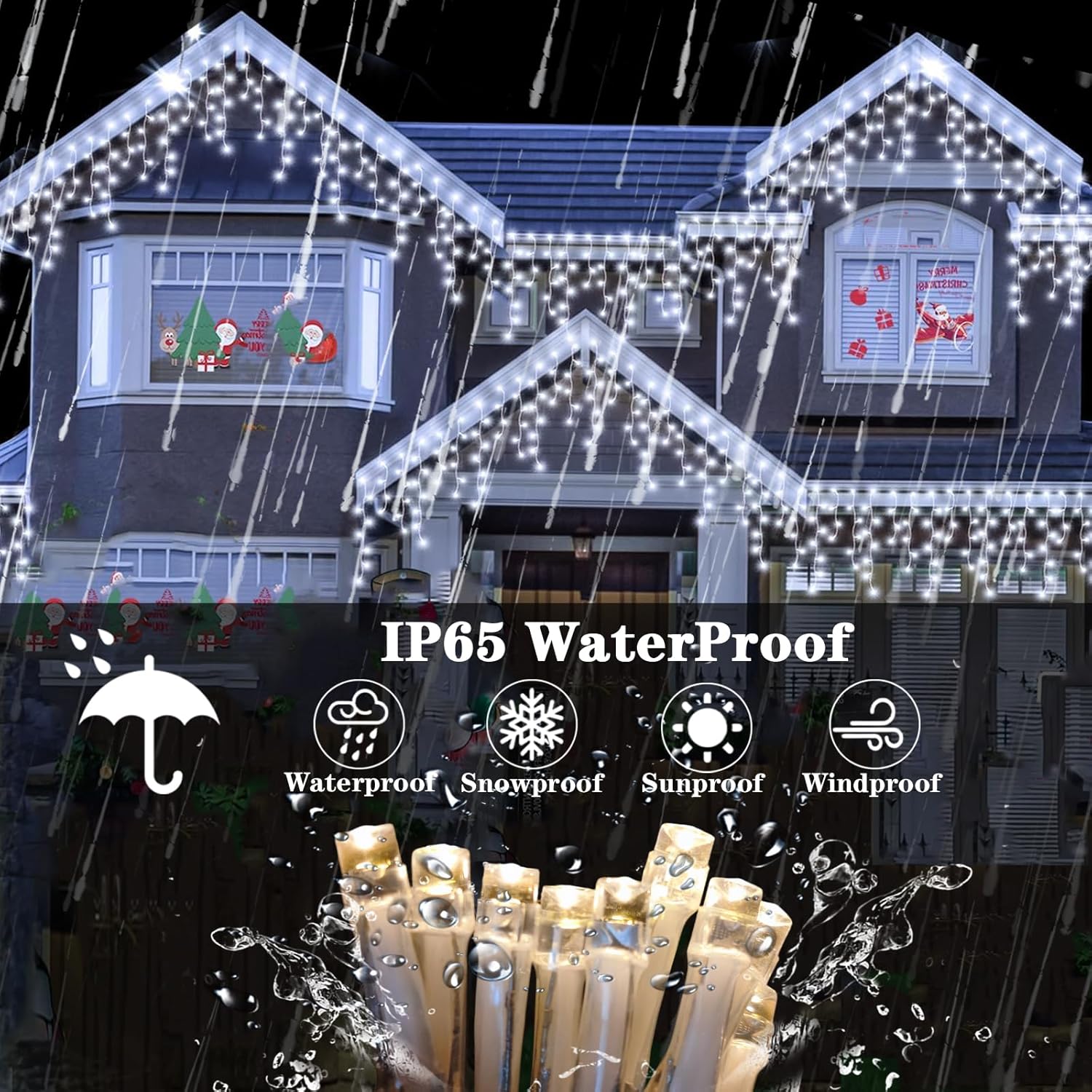 Upgraded 640LED Solar Christmas Icicle Lights Outdoor Waterproof,60+16FT 13 Modes & USB Rechargeable Solar Powered Icicle Light for Roof House Yard Christmas Outdoor Decoration (Cool White)