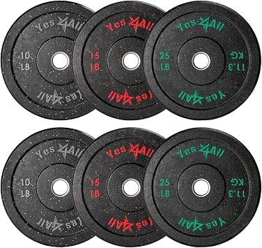 Yes4All 10LB up to 250LB 2-Inch Bumper Plates, High-Bounce Olympic Weight Plates with Colored Fleck for Weightlifting & Strength Training Single, Pair & Set