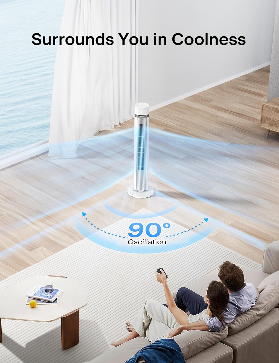 PELONIS 40 inch Bladeless Tower Fan for Bedroom, Standing Fan with Remote Control, 26ft/s, 90° Oscillation, 3 Speed Settings, 27dB, 3 Modes, 15-Hour Timer, LED Display, Fan that Blows Cold Air, White