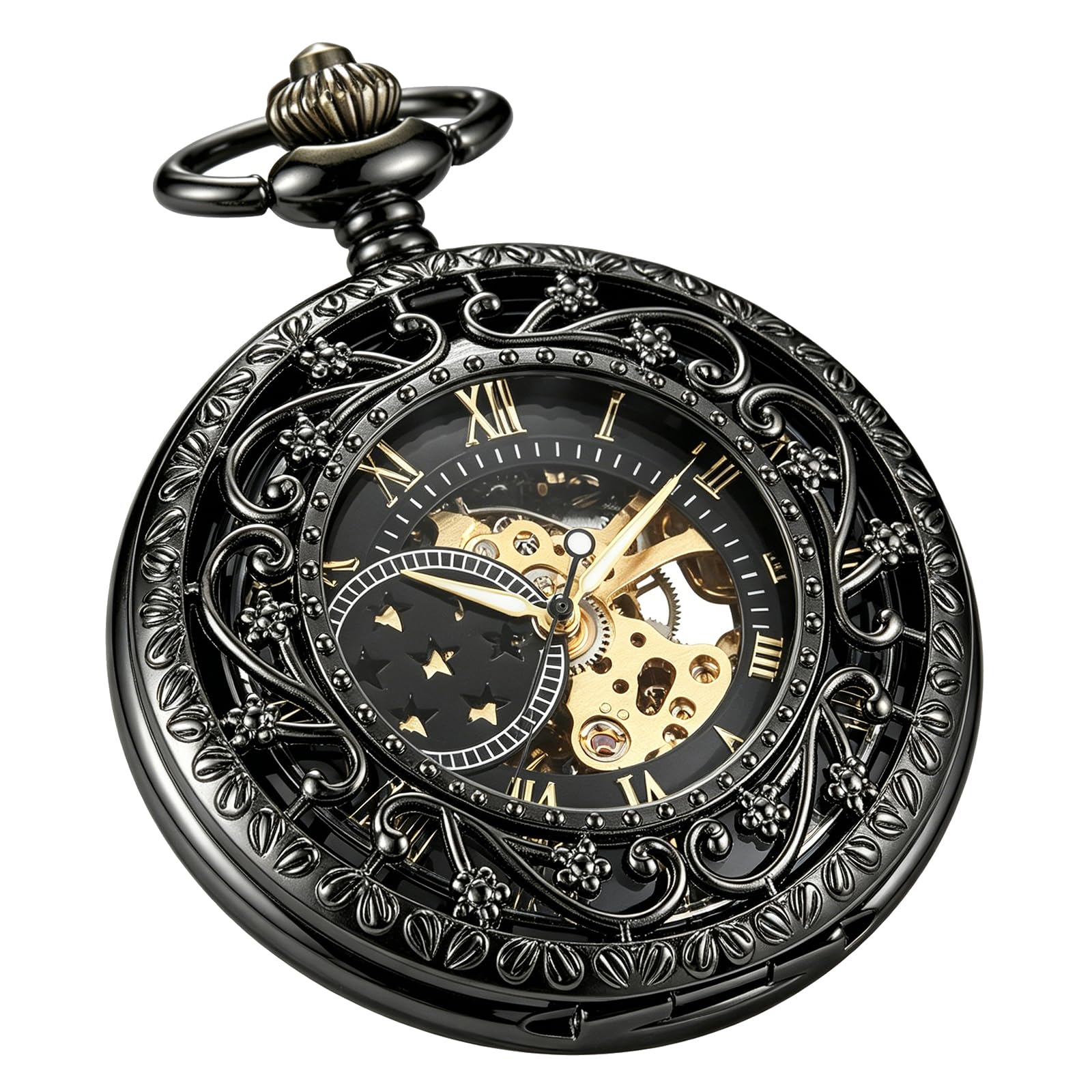 Fashion Skeleton Mechanical Pocket Watch, Antique Roman Numeral Dial Mechanical Pocket Watches for Men with Box