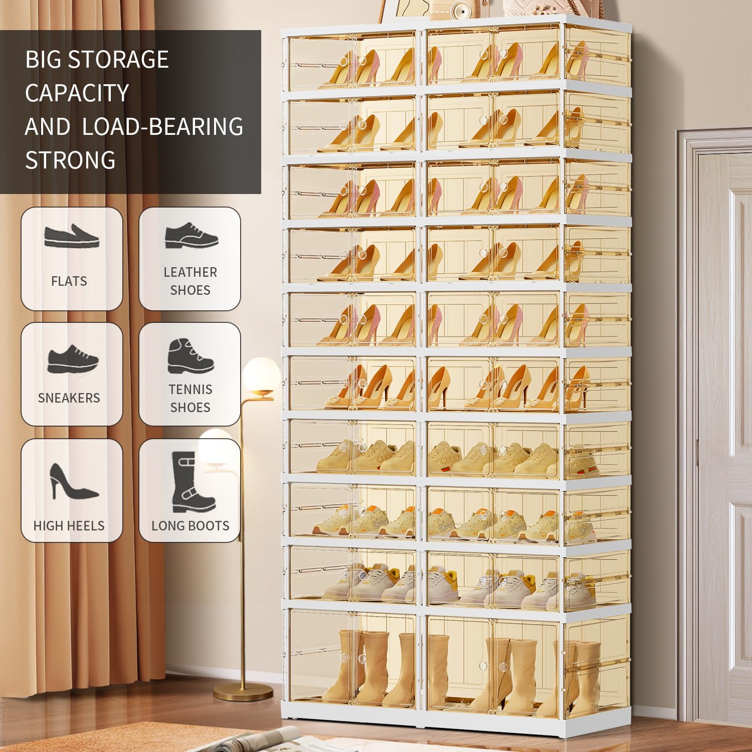 10 Tiers 20-40 Pairs Foldable Shoe Rack for Closet Plastic Stackable Shoe Boxes for Garage Collapsible Shoes Shelf with Doors Storage Organizer Cabinet Quick Assembly,Brown