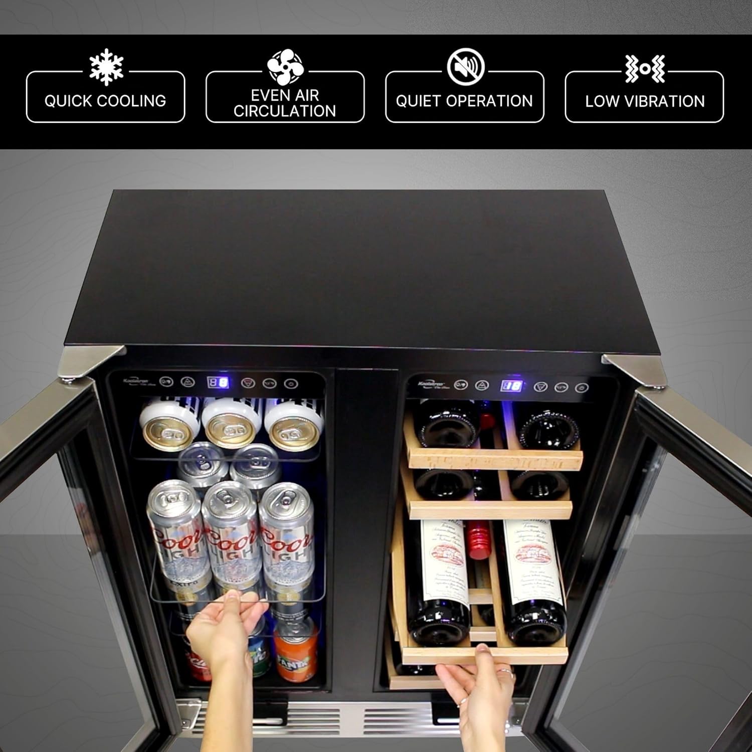 Koolatron Dual Zone Wine Fridge and Wine Cooler, 56 cans & 18 bottles (24 Inch), Built-In or Freestanding Compressor Under Counter Wine Refrigerator, Independent Temperature Control with French Doors