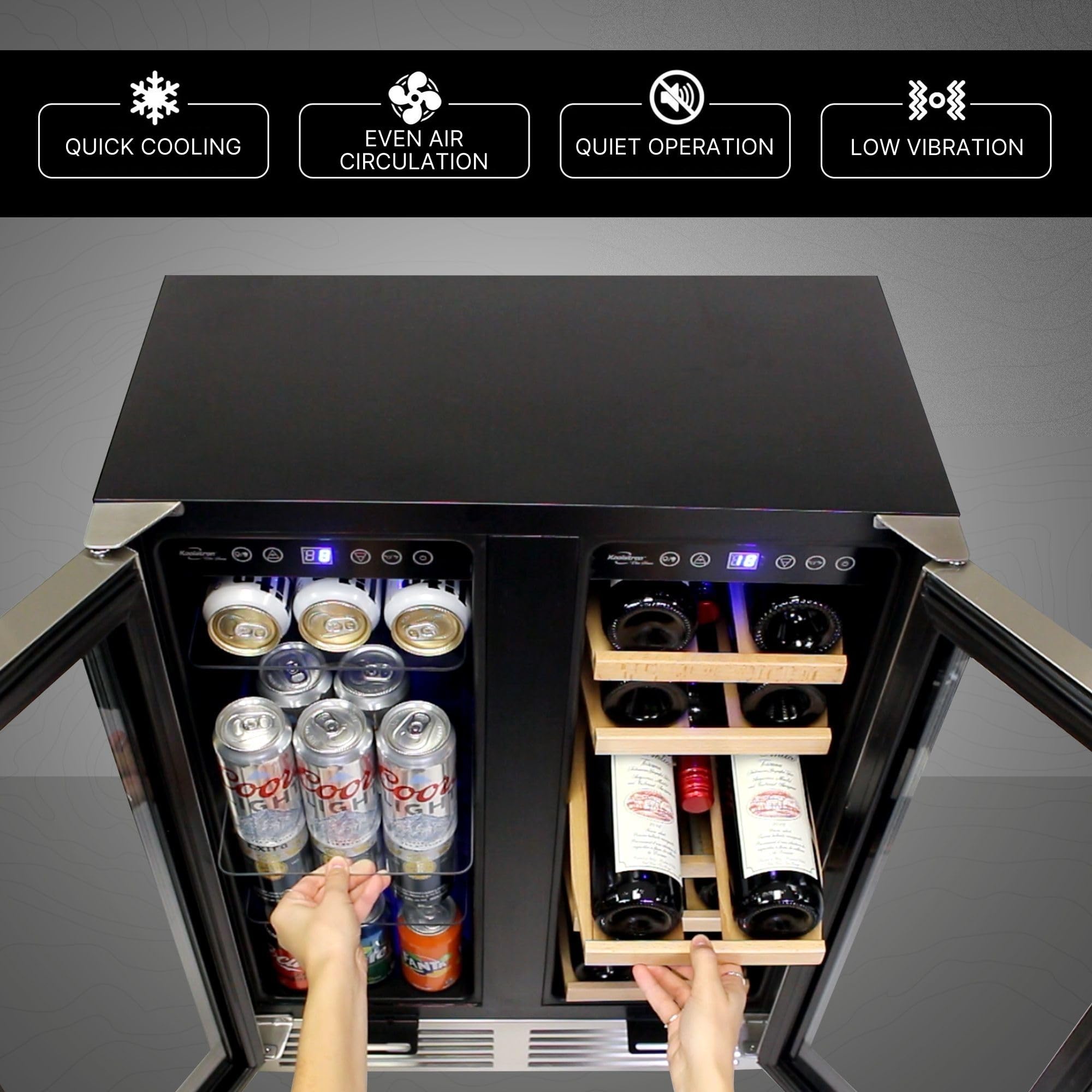 Koolatron Dual Zone Wine Fridge and Wine Cooler, 56 cans & 18 bottles (24 Inch), Built-In or Freestanding Compressor Under Counter Wine Refrigerator, Independent Temperature Control with French Doors on Fridge.com