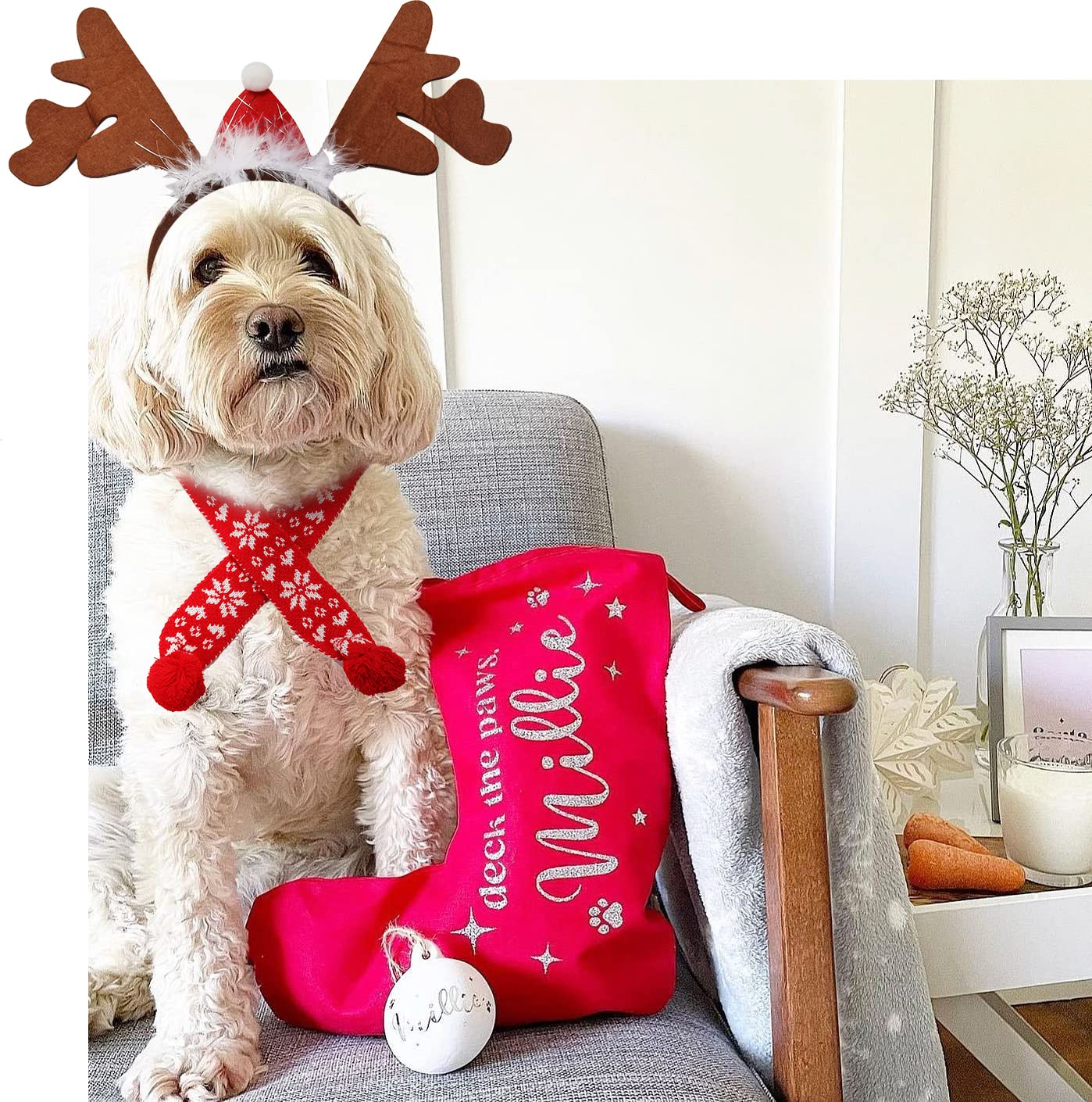 Dog Christmas Costume, Dog Reindeer Antlers Headband Decorated with Santa Hat and Dog Christmas Scarf for Small Medium Large Dogs