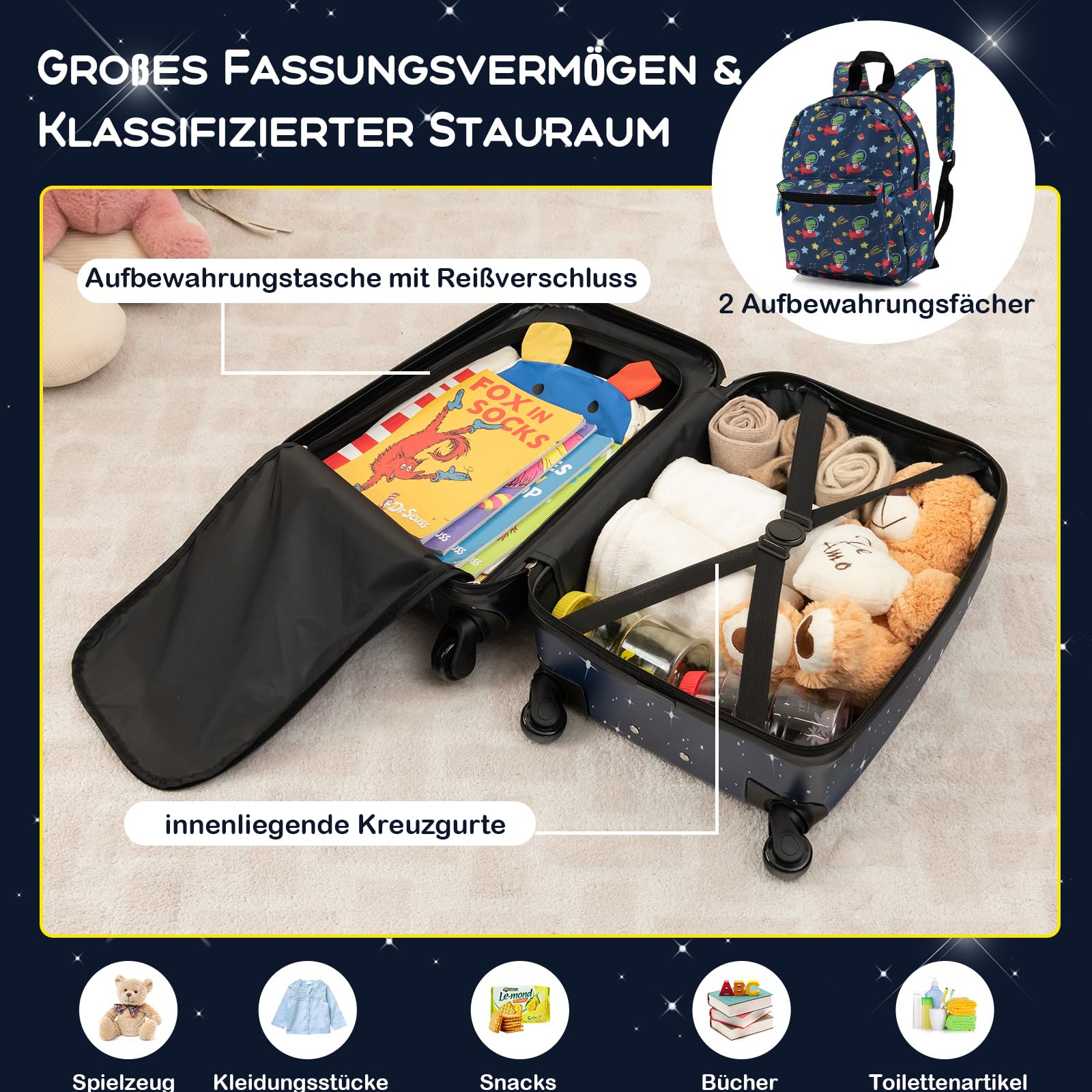 GOPLUS 5-częściowy zestaw walizek dla dzieci, walizka na kółkach z plecakiem, poduszeczka na kark, pudełko na lunch, zawieszka na bagaż, dziecięca walizka z kółkami, walizka na kółkach z teleskopowym