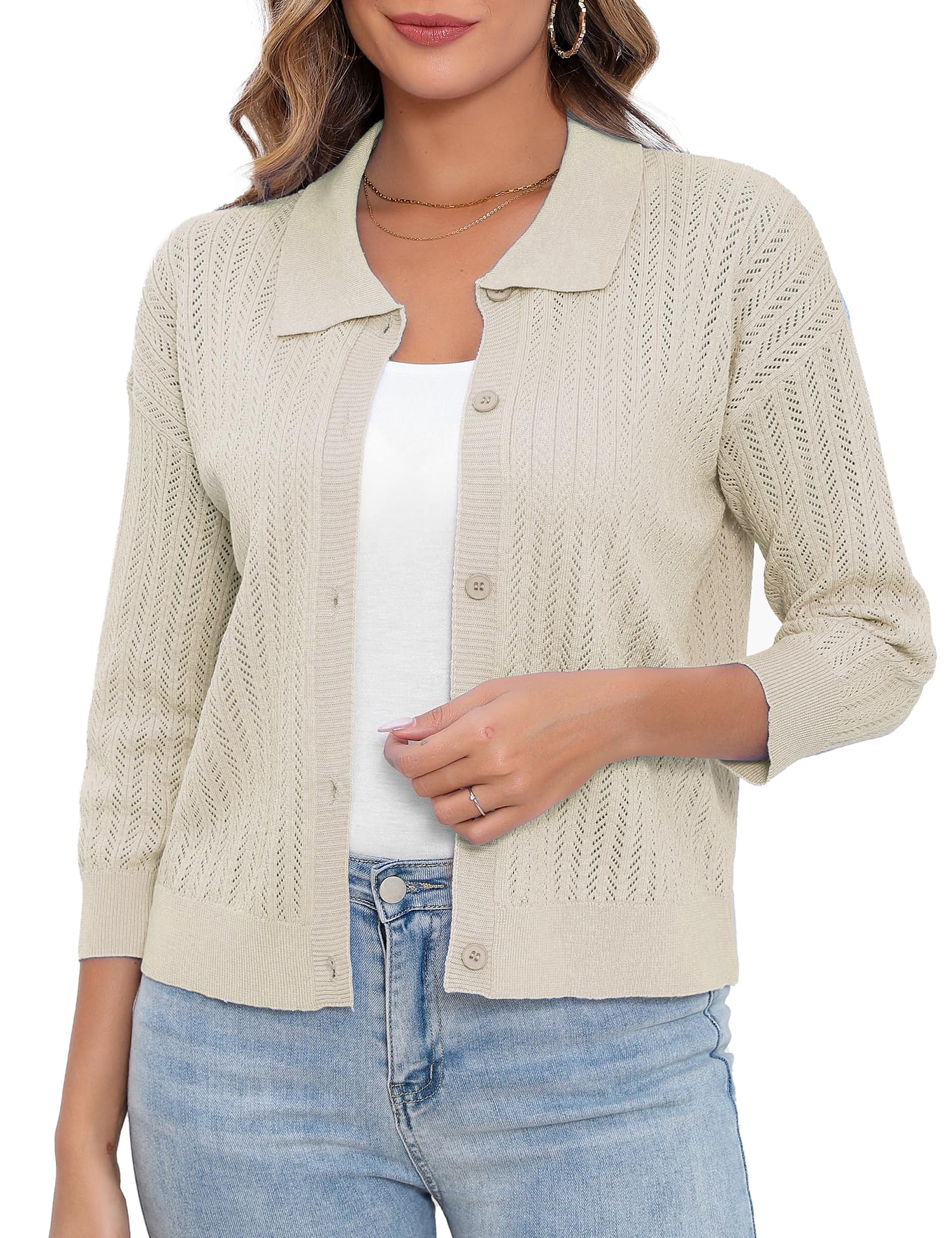 Women Summer 3 4 Sleeve Lightweight Collar Open Front Casual Knit Cardigan Lapel Hollow Out Cardigan