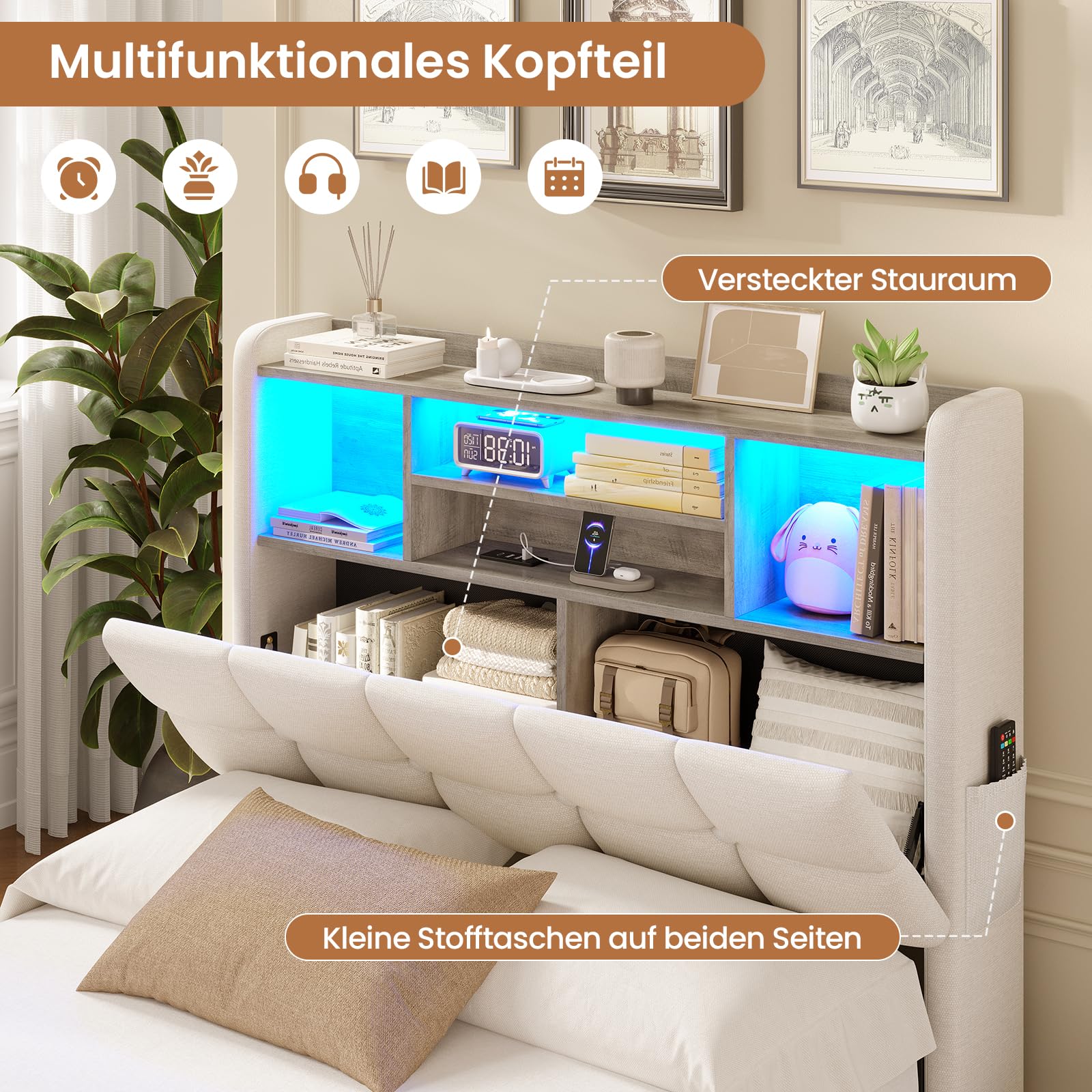 AOGLLATI Camas Individual 90x200 cm con Almacenamiento Hidráulico | Cama Canape 90x200 con LED y Estación de Carga, Somier Estructura Cama con Bolsillos Laterales, Base Cama, Lino Beige