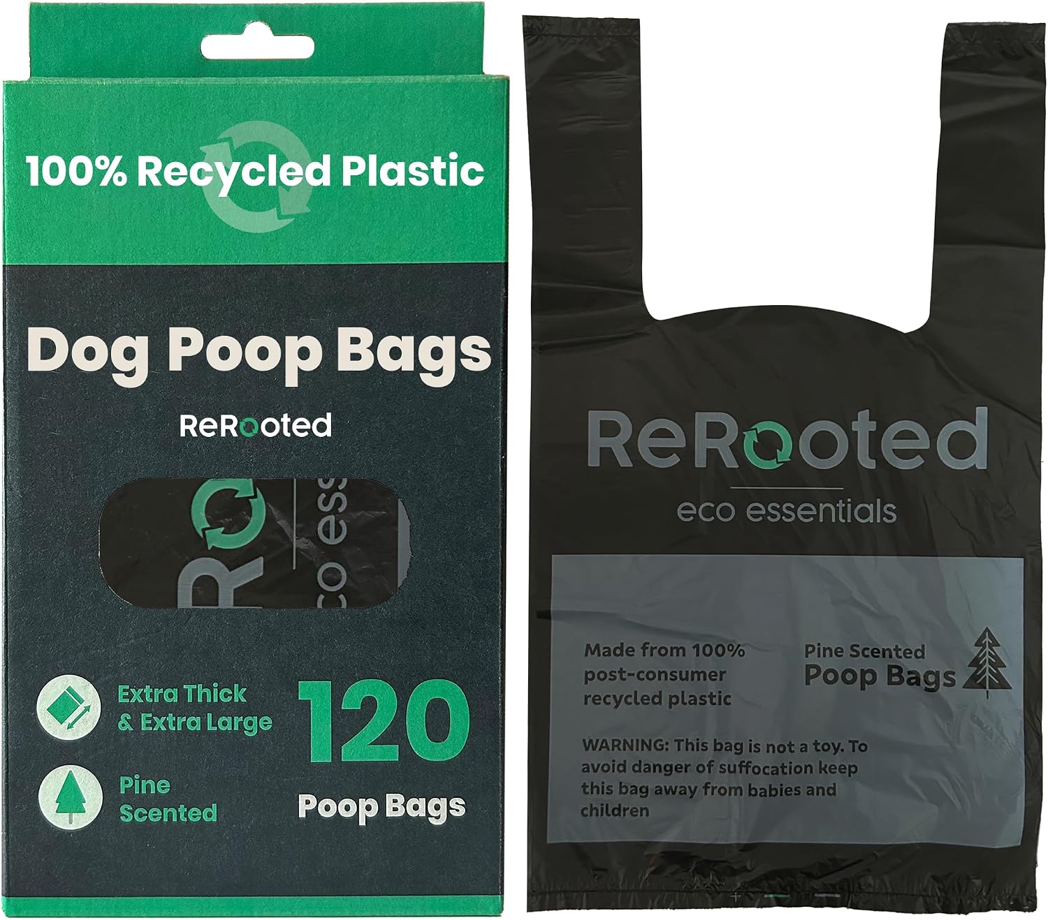 ReRooted Dog Poop Bags - 100% Recycled Plastic - Leak Proof, Eco-Friendly, Extra Thick Poo Bags for Dogs - Premium Recycled Plastic, Pine Scented (120 Bags)