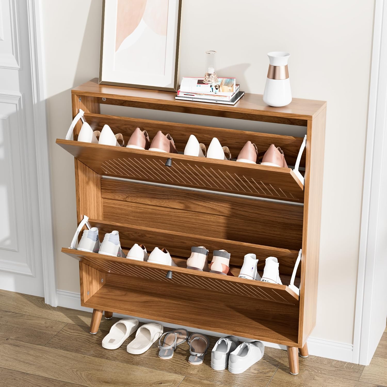 The Fsbecl Shoe Storage Cabinet with both flip drawers open, revealing shoes neatly stored inside.